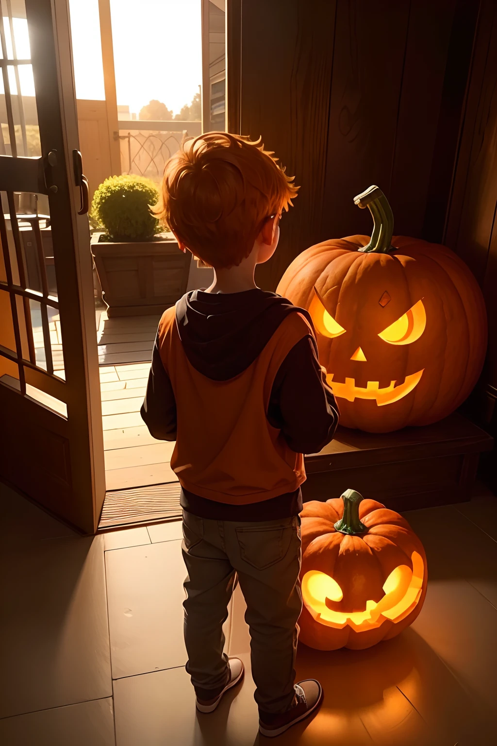 A huge orange pumpkin appears on the doorstep of a boy named Jake's house, the boy bends down to the pumpkin, looking at it with interest, The setting sun plays on its smooth surface making it look like a treasure this pumpkin is special it is all fantasy style.
