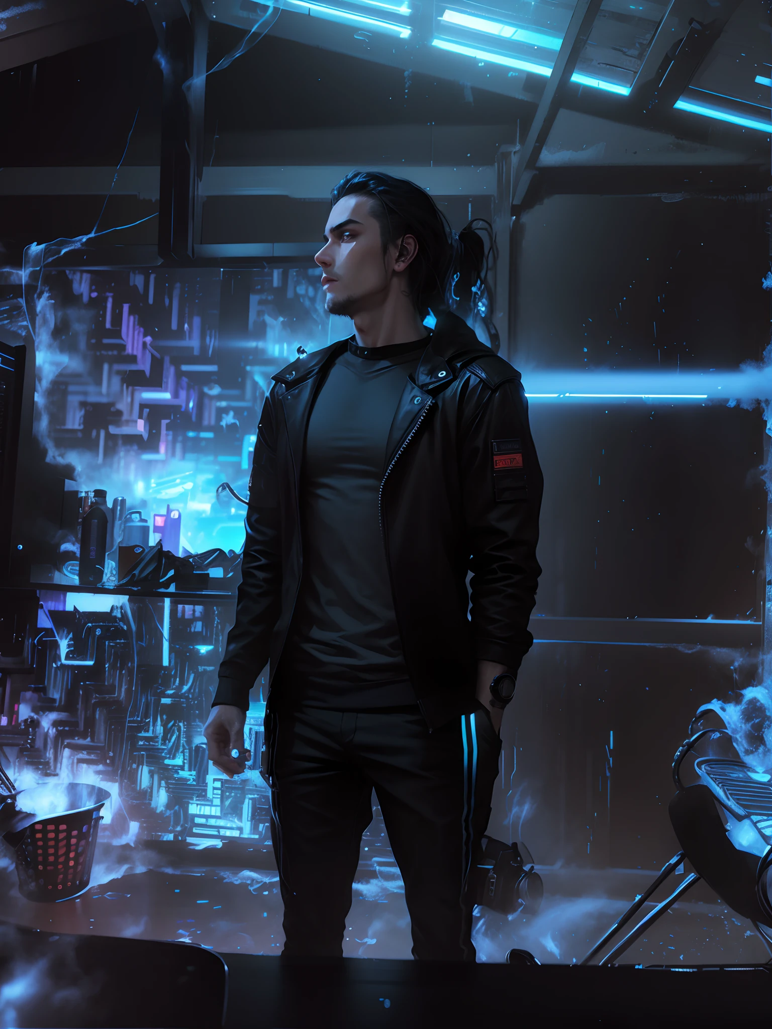 Change background cyberpunk, handsome boy, realistic face,8k, ultra, realistic light and smoke,
