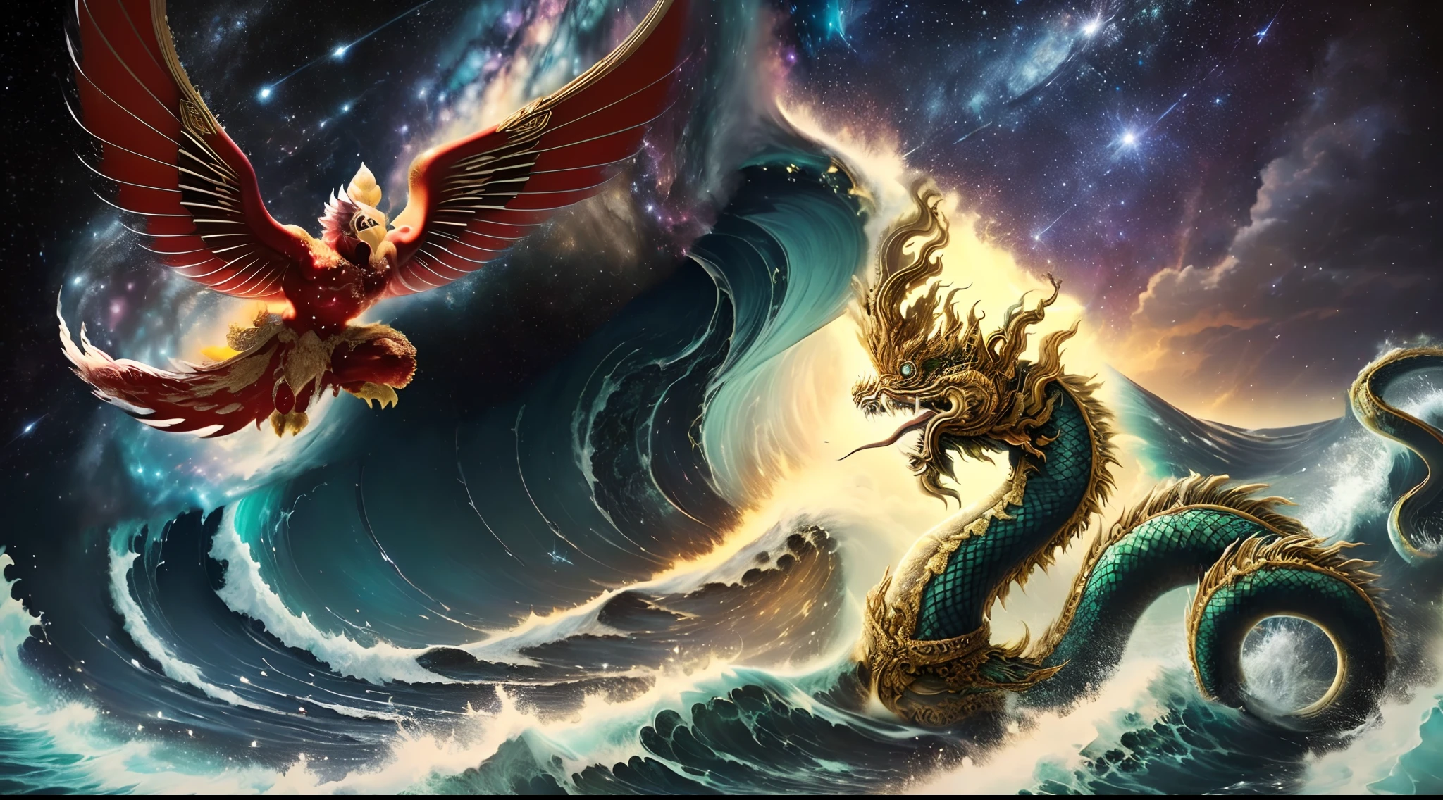 (masterpiece, top quality, best quality, official art, beautiful and aesthetic:1.2), (chaos ocean, big wave:1.4), (storm, thunder), fire, cumulus, starry sky, long exposure, night, (glittering lights:1.2), (night sky:1.4), (glittering stars:1.4), cosmic, (nebula:1.2),