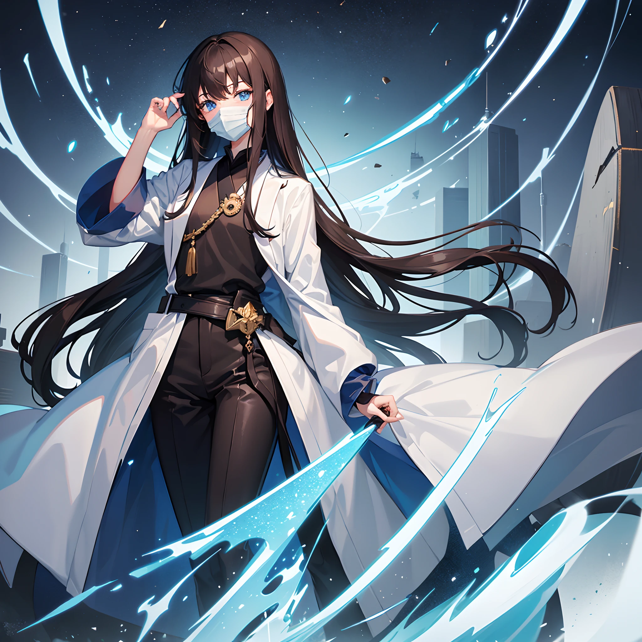 One person.,Blue Eyes,Age 20.,dark-brown hair, Tall, bangs hairstyles,Square face,anime ,Young Master, ,Black scientist uniform,Wearing a white robe.,On the arm there is a high-tech look black bracelet........,There is a small blue ring.....,black pants,Hair is not short, not long.,Wear a mask to cover your mouth.