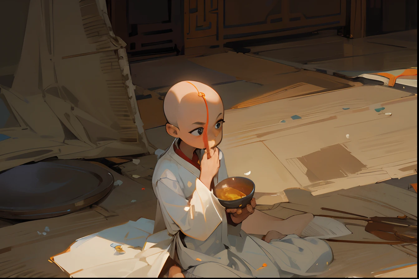  bald indian boy worshipping, praying boy, 2 bowls in hand, sitting small boy, boy, masterpiece, 2d art, toony, front view, wearing white dhoti, upper body cloth less, thin body, average figure, skinny, bowls in hand