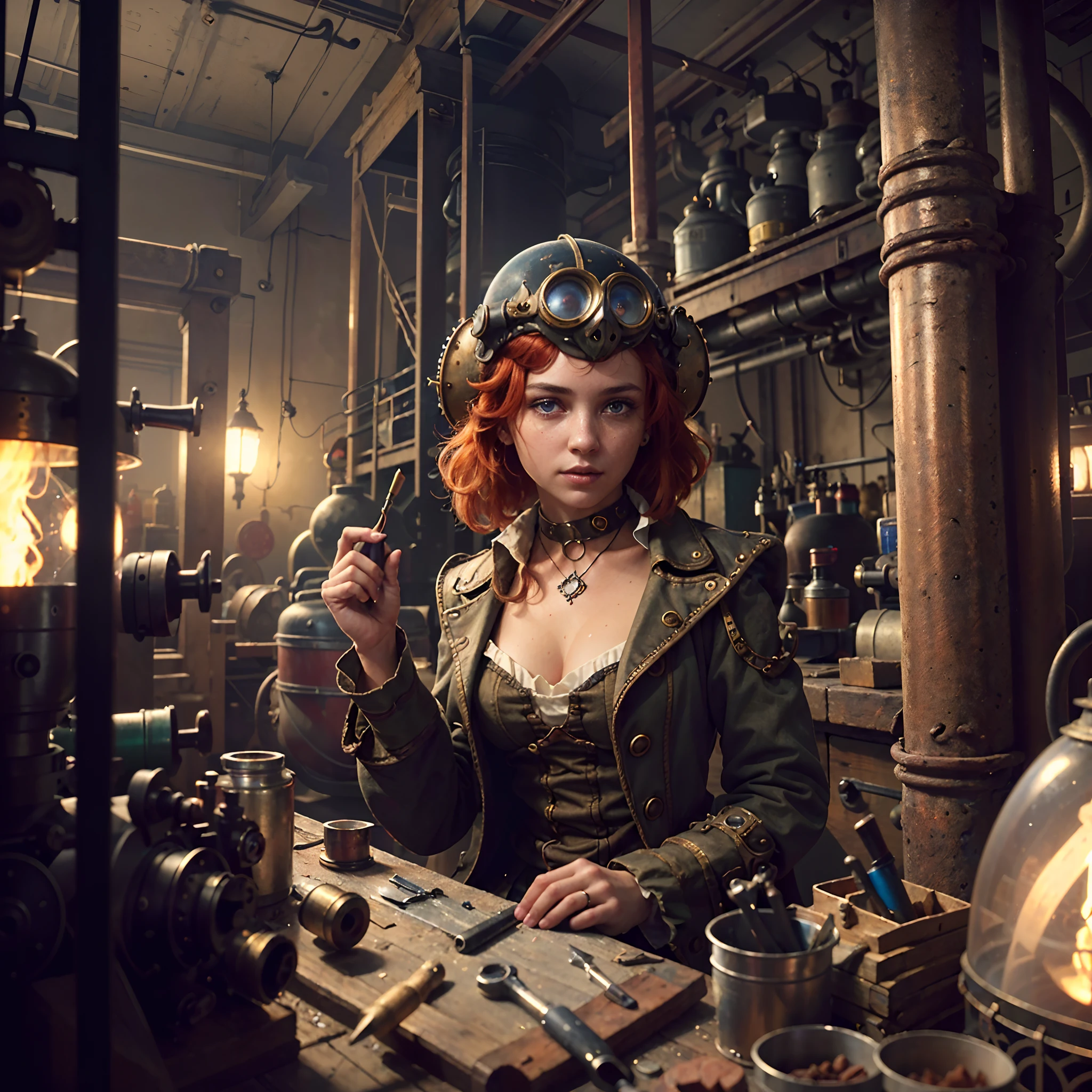 (8k, RAW photo, highest quality), beautiful girl using tools next to a desk, in a factory,  water pipe, water tank, 18 century,  red head, steampunk aviary helmet ,avairy coat, (detailed eyes:0.8), (looking at the camera:1.4), (highest quality), (best shadow), intricate details, interior, dark studio, muted colors,  (steam punk),