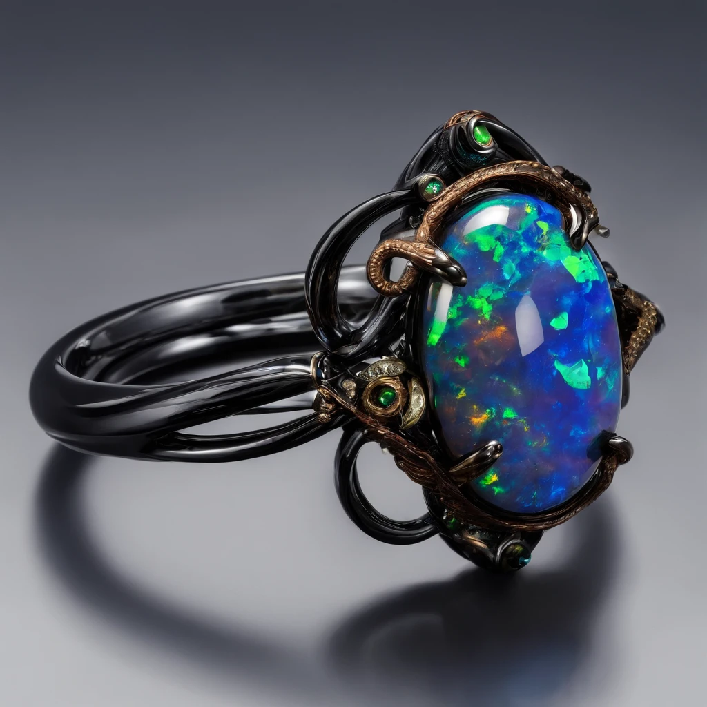 [Black opal ring]
Ring set with blue and green gemstones, , made of boulder opal,Clam-covered jewelry, vivid and detailed,Black Opal,ring lit, Golden wire，pearls, European style, dreamlike quality, small and exquisite, Precise lines, Noble, Amazing, Details, Delicate light and shadow, Second quarter