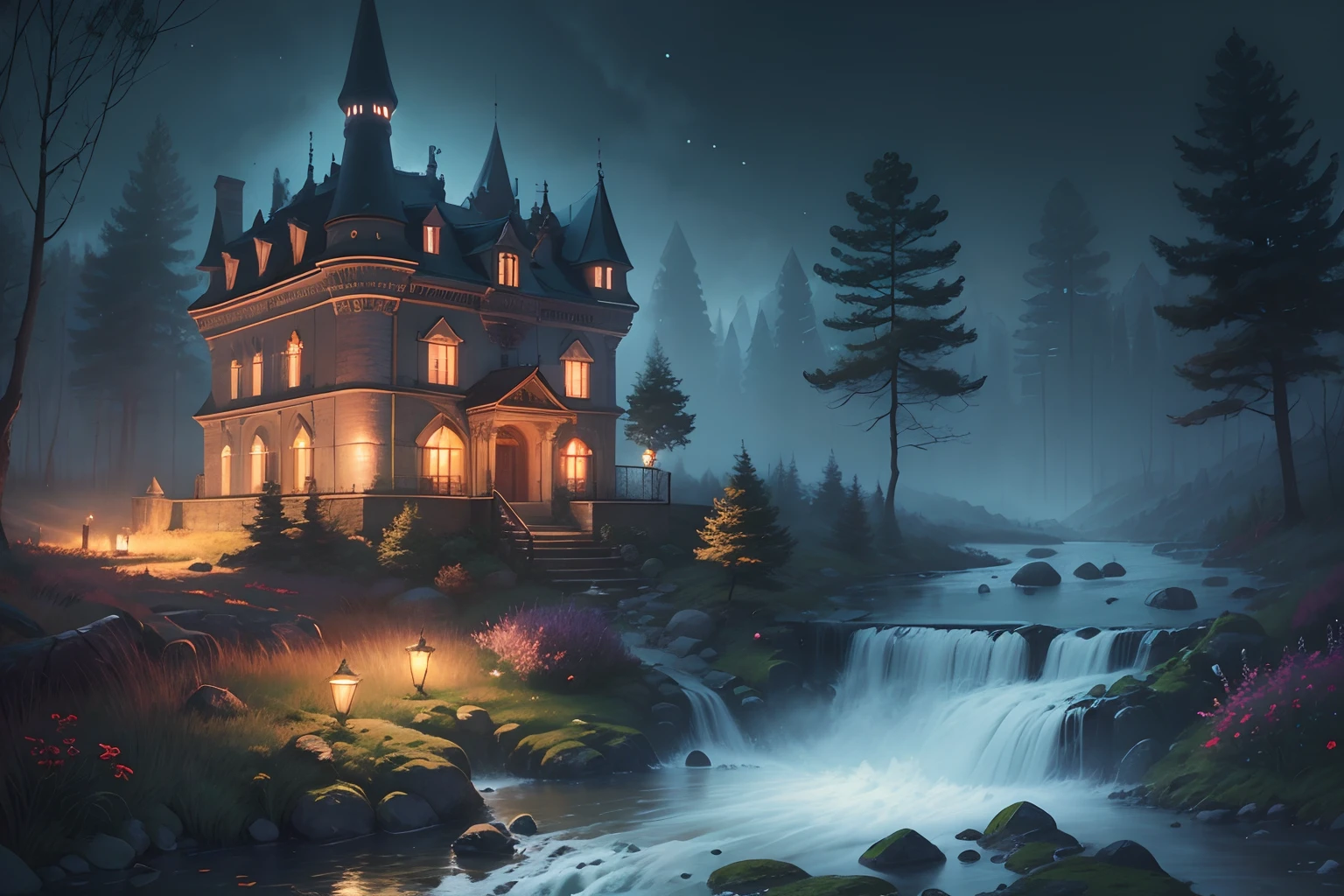 Castle in the forest, located on a mountain, with a stream in front of the house, night lights, soft, 2k, surreal