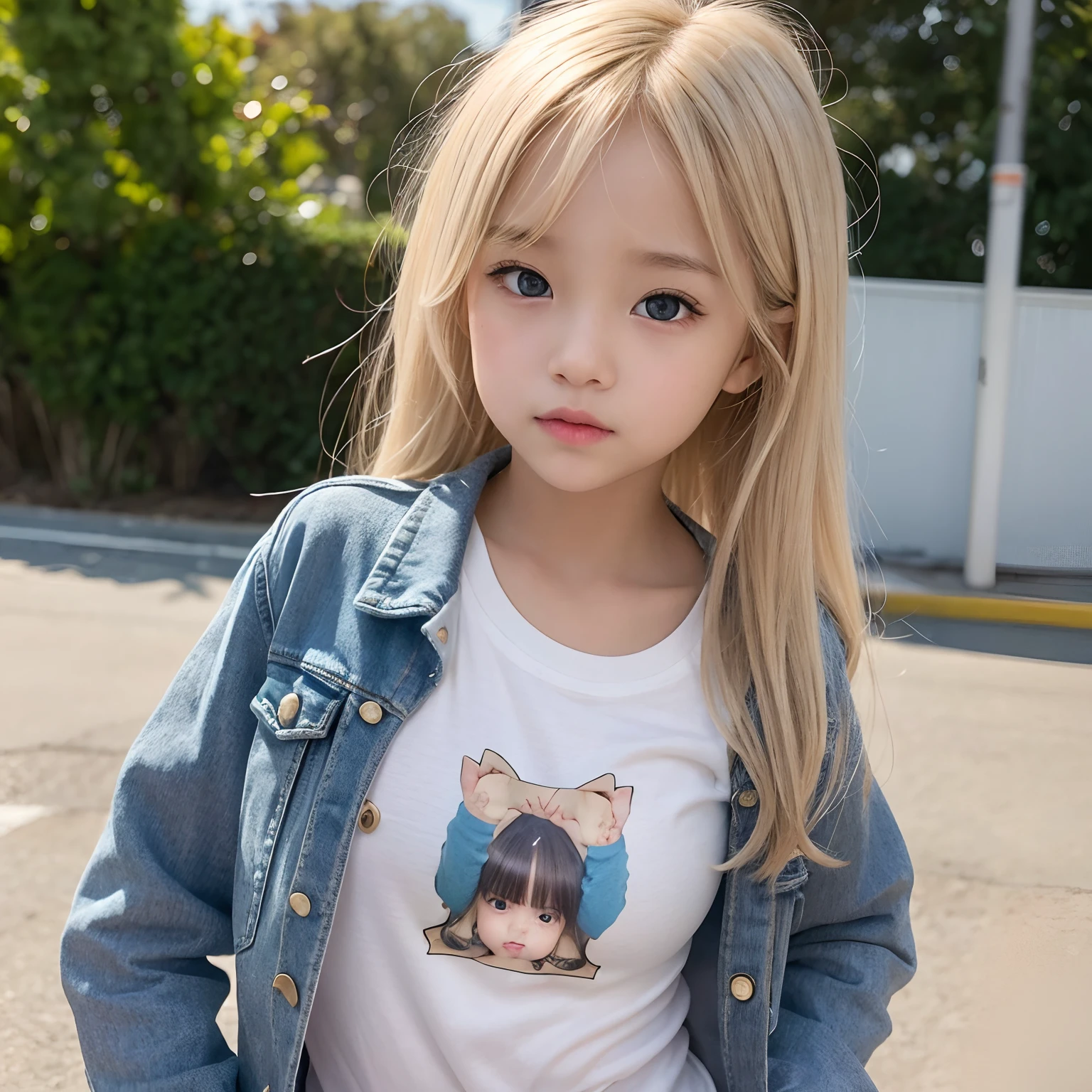 light skin, blond hair, gray eyes, Cute, , A girl, portraite of a, tail, blue T-shirt, Red unbuttoned jacket