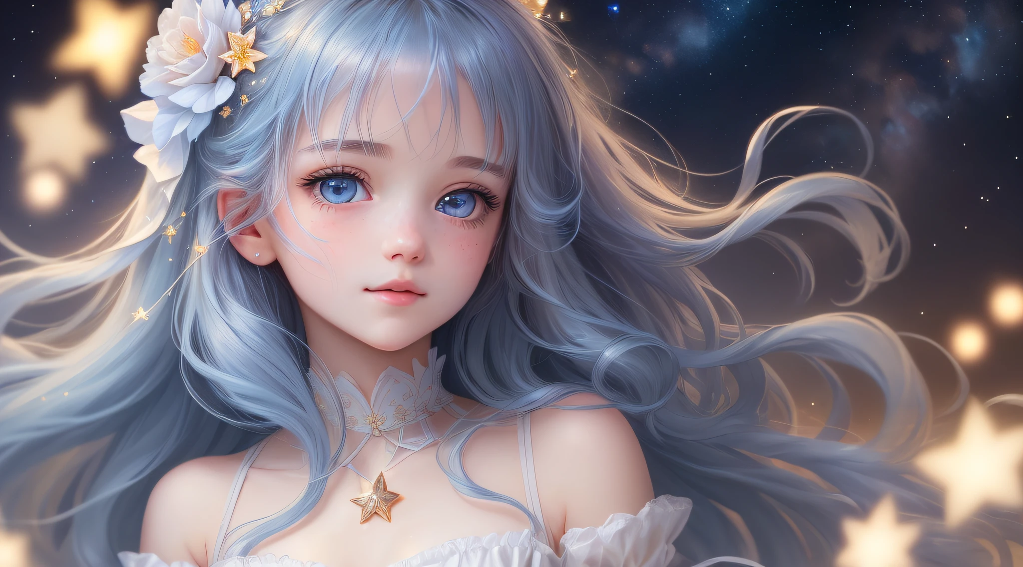 {{best quality}}, {{masterpiece}}, {{ultra-detailed}}, {illustration}, {detailed light}, {an extremely delicate and beautiful}, a girl, {beautiful detailed eyes}, stars in the eyes, messy floating hair, colored inner hair, Starry sky adorns hair, depth of field