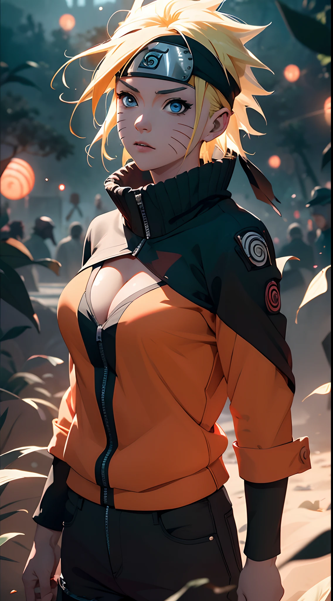 Naruto Uchiha Vortex is super realistic,detail-rich,Super short blonde hair,(Off-the-shoulder attire:1.3),Orange clothes,Forehead,one-girl,Large breasts,cleavage,Be red in the face,best qualityer,tmasterpiece, Johnny Depp walks across the beach at night among fireflies,sharp fokus, contrasty lighting, Delicate skin, High resolution 8K, insanely details, realisticlying, professional photoshooting, 8K UHD, SLR camera, softlighting, high high quality, filmgrain, Fujifilm XT3,Keep one's mouth shut,particle fx