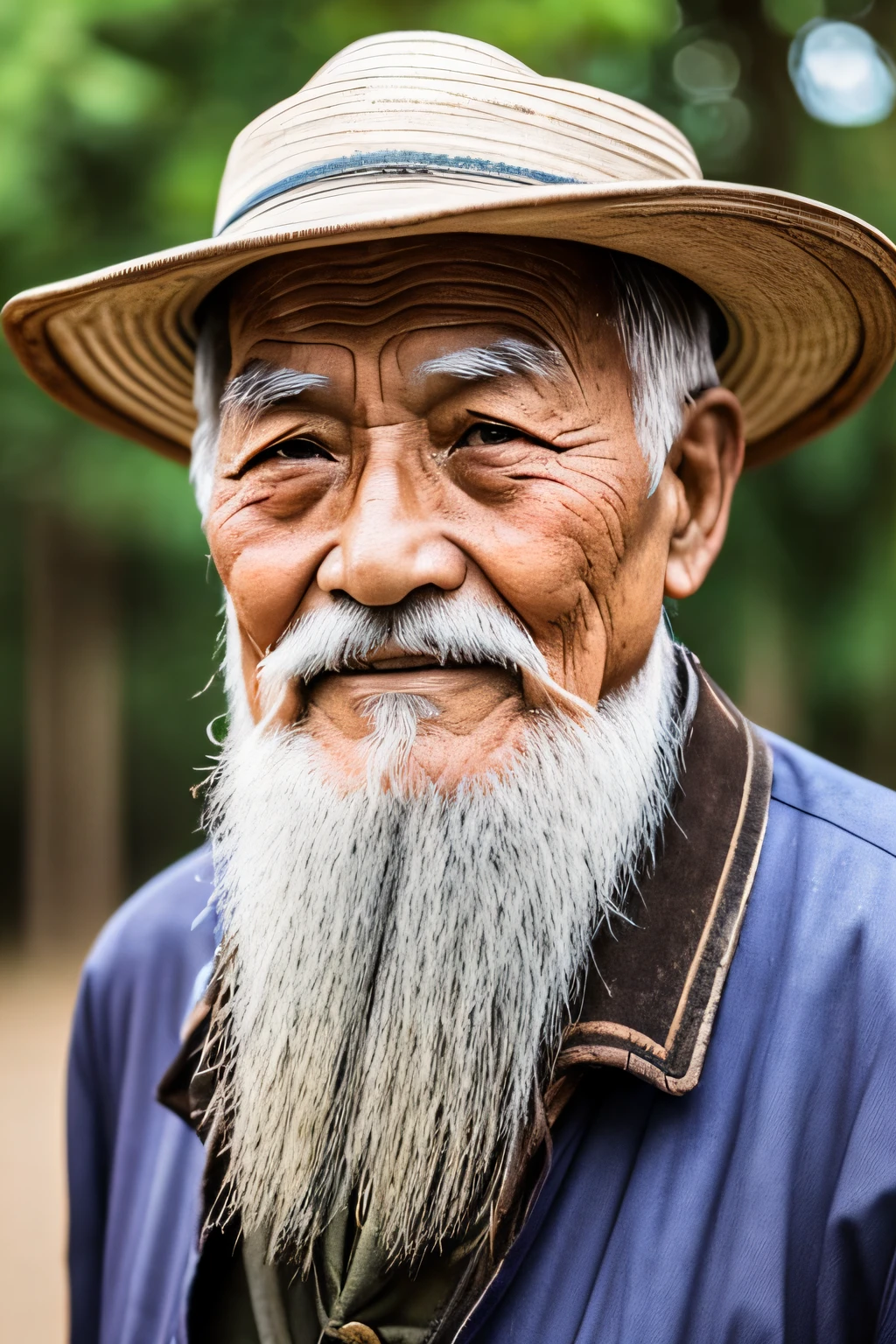 An old man with traditional Chinese thinking，Real frontal photos，Authentic background，The background is nature，holding books，worn-out clothing，Face full of wrinkles，80-year-old man，Wise eyes，The beard is white，male people，country style