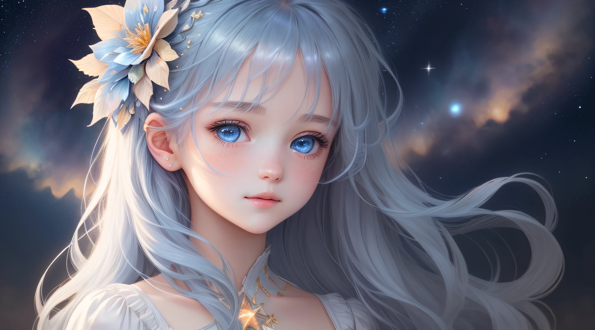 {{best quality}}, {{masterpiece}}, {{ultra-detailed}}, {illustration}, {detailed light}, {an extremely delicate and beautiful}, a girl, {beautiful detailed eyes}, stars in the eyes, messy floating hair, colored inner hair, Starry sky adorns hair, depth of field