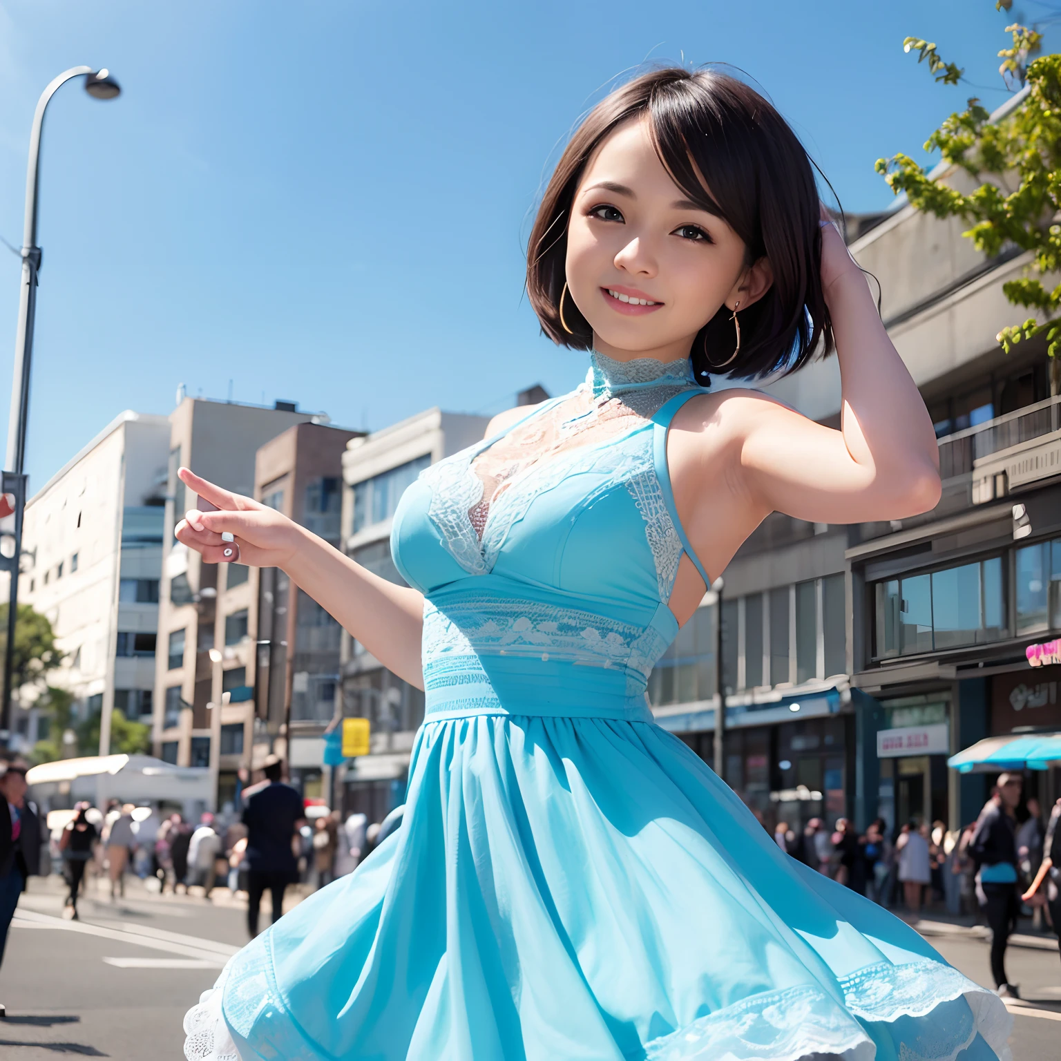 a woman posing on the street corner with light blue dress on, best quality, 1girl, large breasts, day, bright, blur background, bokeh, outdoor, (street:0.8), (people, crowds:1), (lace-trimmed dress:1.5, sleeveless dress, light blue clothes, light blue high-neck dress:1.2, blue dress: 1.5), gorgeous, (short hair, forehead:1.2), beautiful detailed sky, earrings, (dynamic pose:1.2), (upper body:0.8), soft lighting, wind, shiny skin, smile,