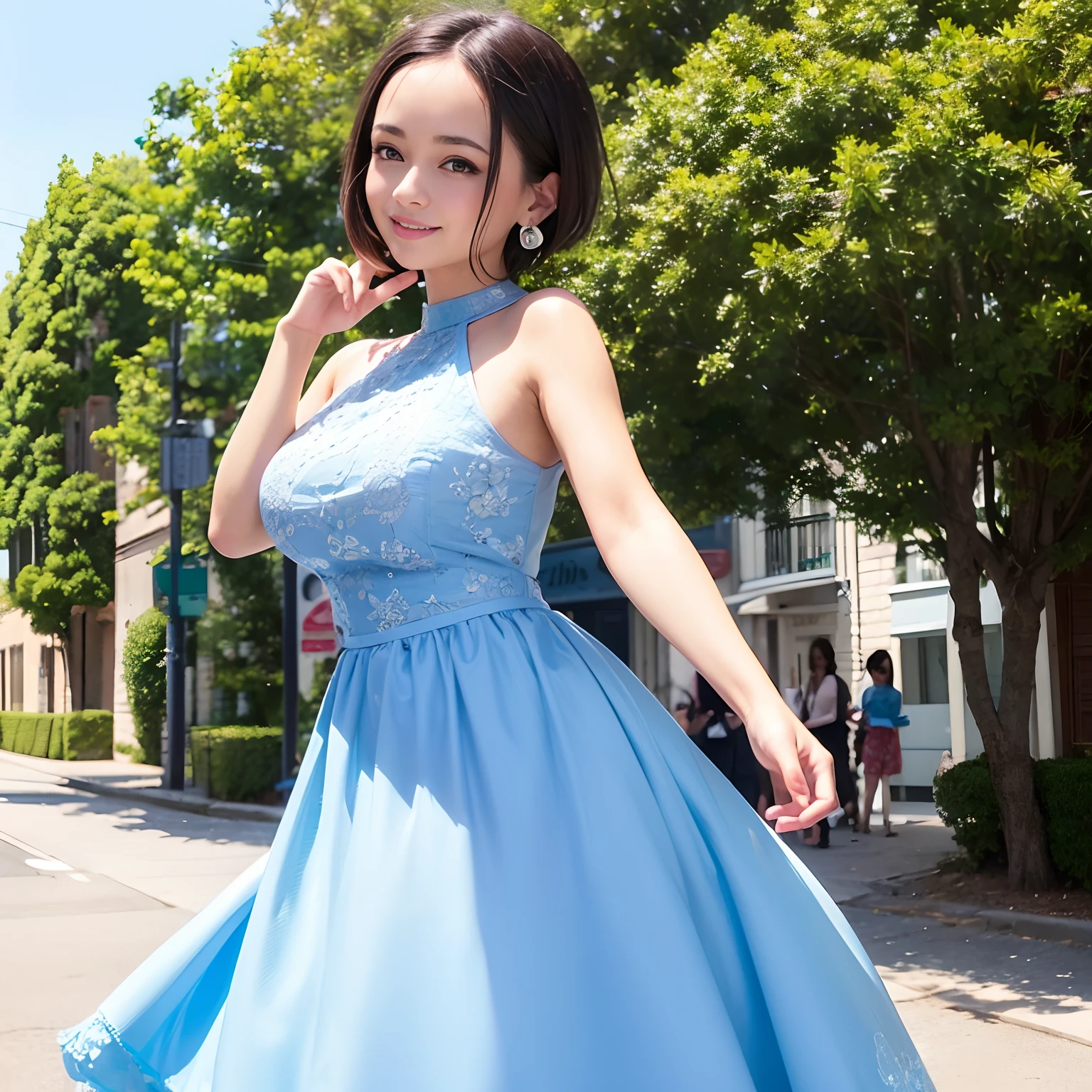 a woman posing on the street corner with light blue dress on, best quality, 1girl, large breasts, day, bright, blur background, bokeh, outdoor, (street:0.8), (people, crowds:1), (lace-trimmed dress:1.5, sleeveless dress, light blue clothes, light blue high-neck dress:1.2, blue dress: 1.5), gorgeous, (short hair, forehead:1.2), beautiful detailed sky, earrings, (dynamic pose:1.2), (upper body:0.8), soft lighting, wind, shiny skin, smile,