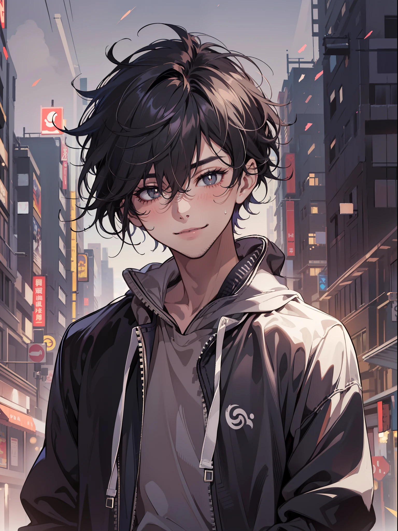 ((highest quality, masterpiece, 4k, finely detailed, detailed eyes, detailed face, gelbooru, pixiv)), warm lighting, ((solo)), 1 male, handsome, masculine, adult male, broad shoulders, closeup of face, ((black chin hair)), portrait, slight blush on cheeks, smiling, looking at viewer, ((lazy eyes, half-lidded, eyebags under eyes, black eyes with white pupils)), wearing modern clothing, hoodie with a logo, sweatpants, standing, hands in pockets, ((black hair, medium length hair, shaggy hairstyle, messy hair)), city background