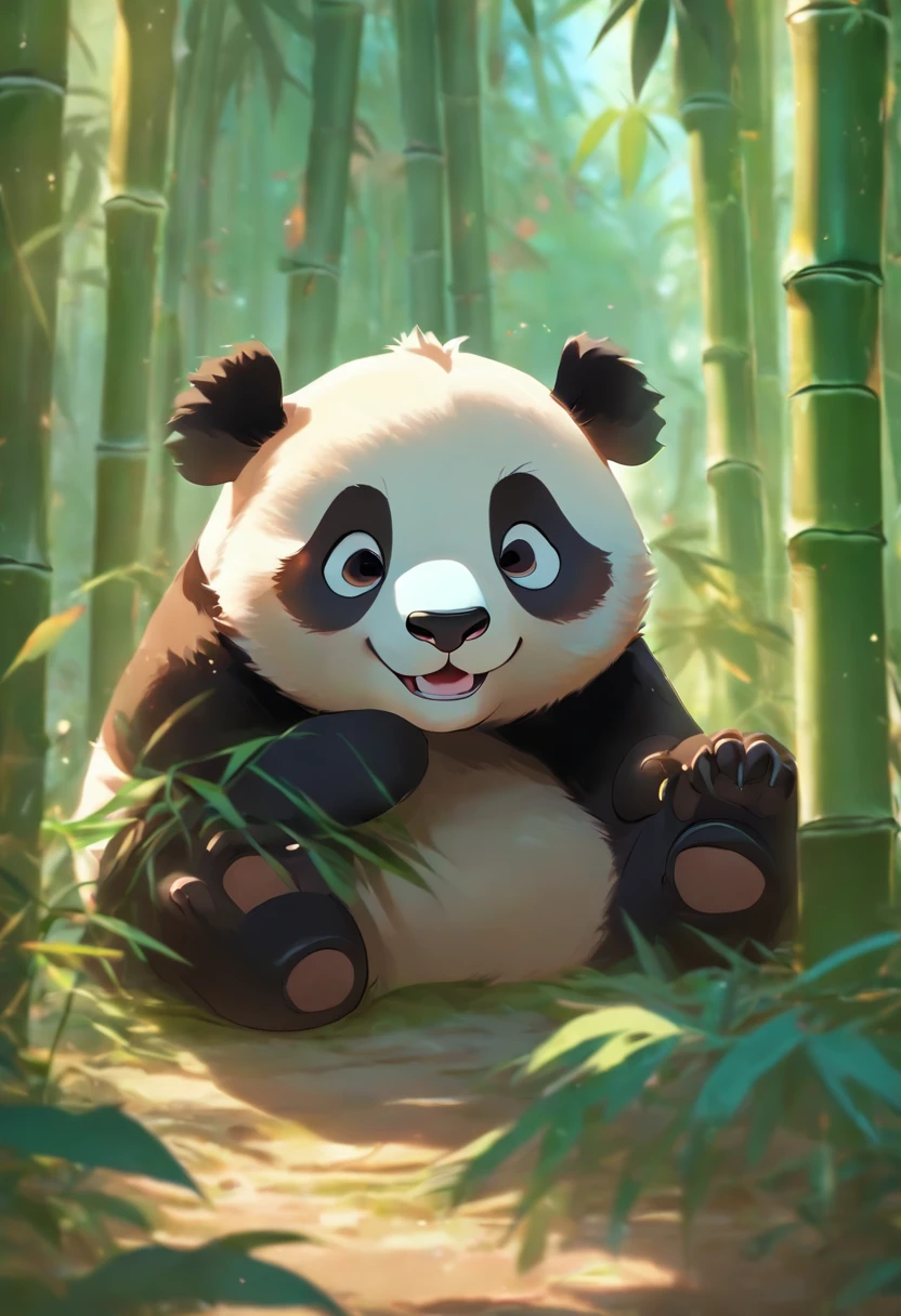 A cute panda lying on his stomach in a bamboo forest,has big eyes,Blushlush,Lazy,greet,high detal