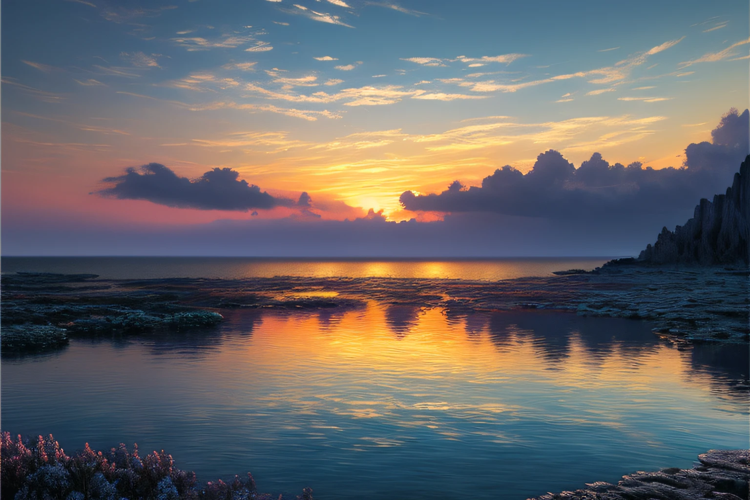 paysage, mer cristalline bleu cobalt, Eau cristalline, coucher du soleil, ,(Highly detailed CG Unit 8k wallpaper), The most beautiful work of art in the world, Professional majestic oil painting, complexe, High detail, mise au point nette, dramatique, Art of photorealist painting,