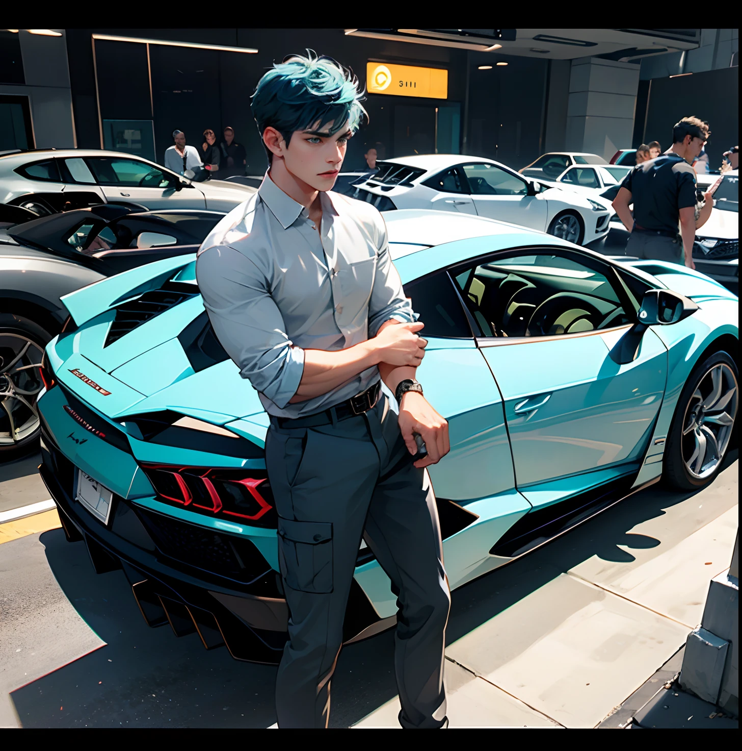 Handsome boy, fade haircut, blue hair, green eyes, in the Lamborghini car, muscle, gray shirt, cargo pants, driving car,8k ultra, masterpiece
