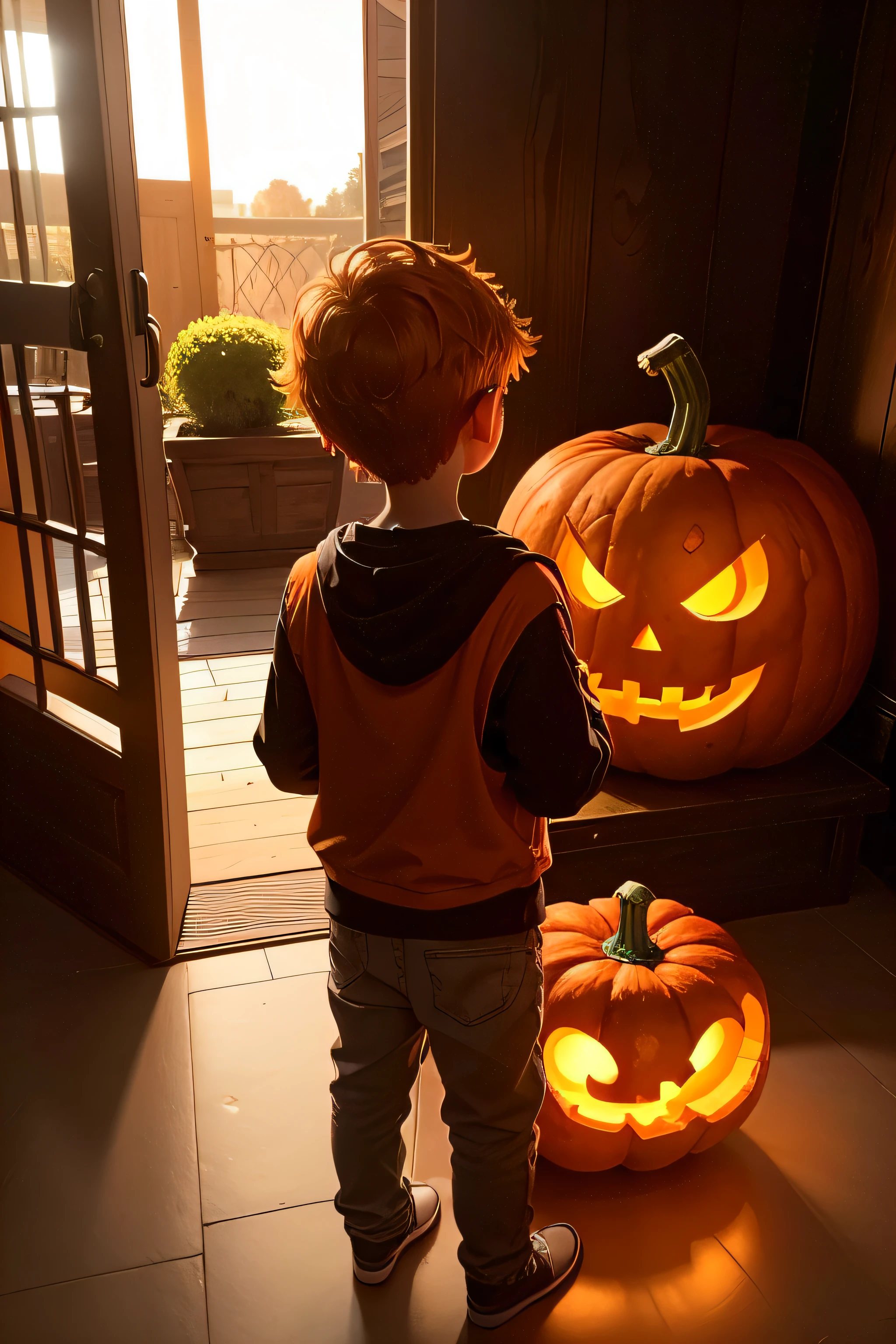 A huge orange pumpkin appears on the doorstep of a boy named Jake's house, the boy bends down to the pumpkin, looking at it with interest, The setting sun plays on its smooth surface making it look like a treasure this pumpkin is special it is all fantasy style.