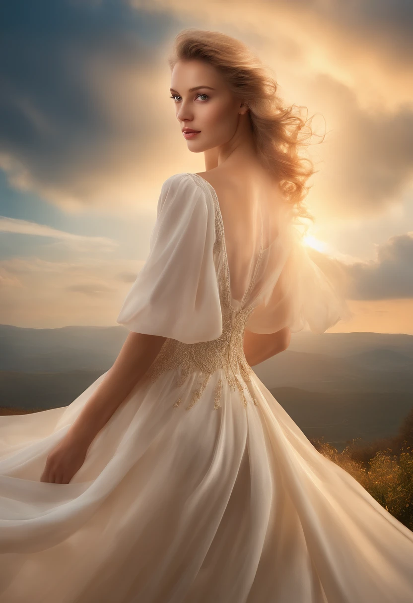 Meisterwerk, first-class quality, Einzelne weibliche Figur, Ethereal Girl, umgeben von Wolken, in der Luft schwebend, Nahaufnahme, Energetic and convivial atmosphere, Warmes und weiches Licht, Sonnenuntergang, Subtile Funken (Gewicht: 0.7)."