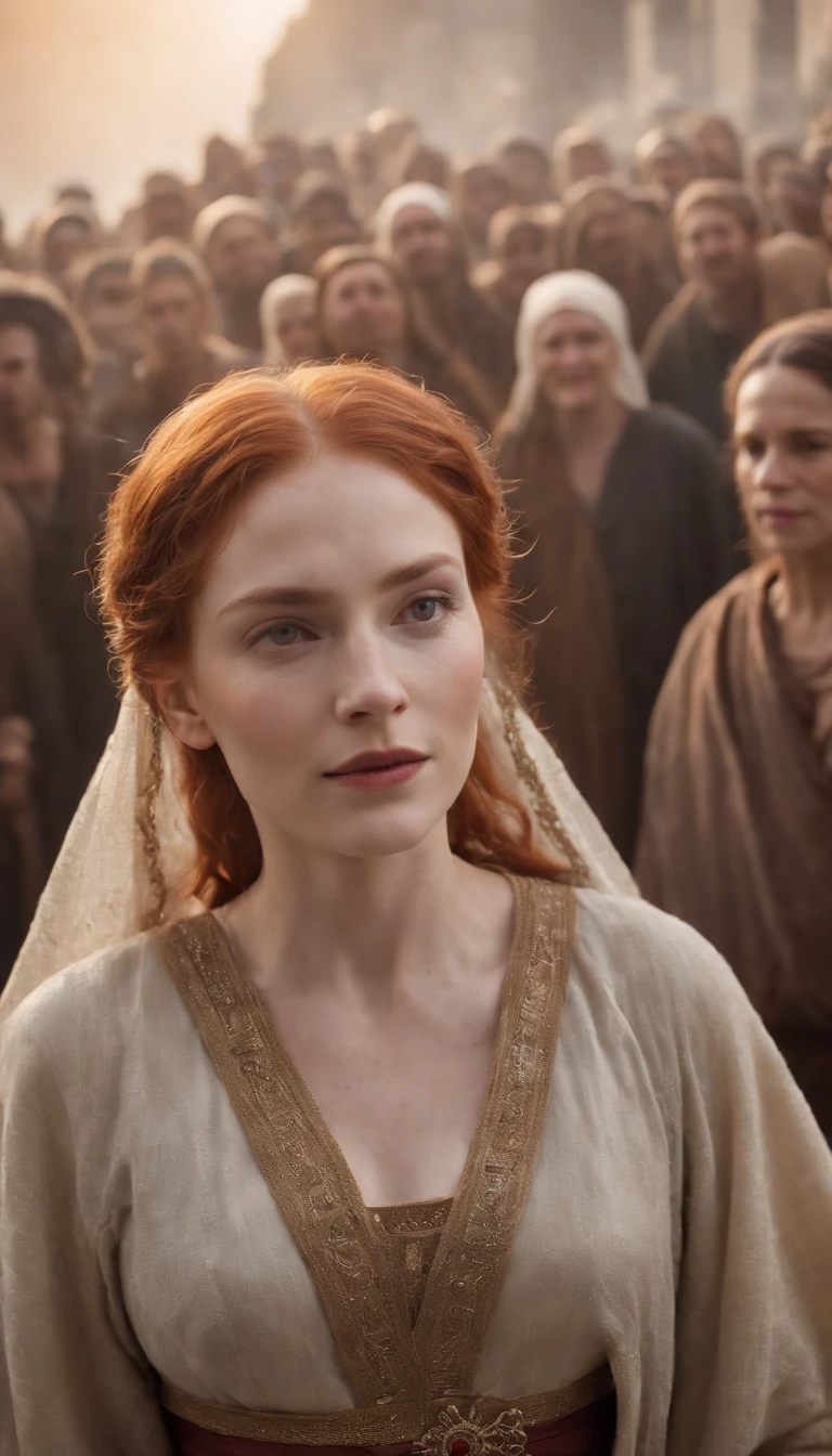 a red head hebrew woman in a biblical dress, perfect face, standing in front of a crowd of people, everyone smiling, and laughing,afterlife, after life, anti life, style of arcane tv series, after all, altered carbon style, aftermath, after effects, live action movie, alfredo and the afterlife, life after the plague, series on netflix, live action film