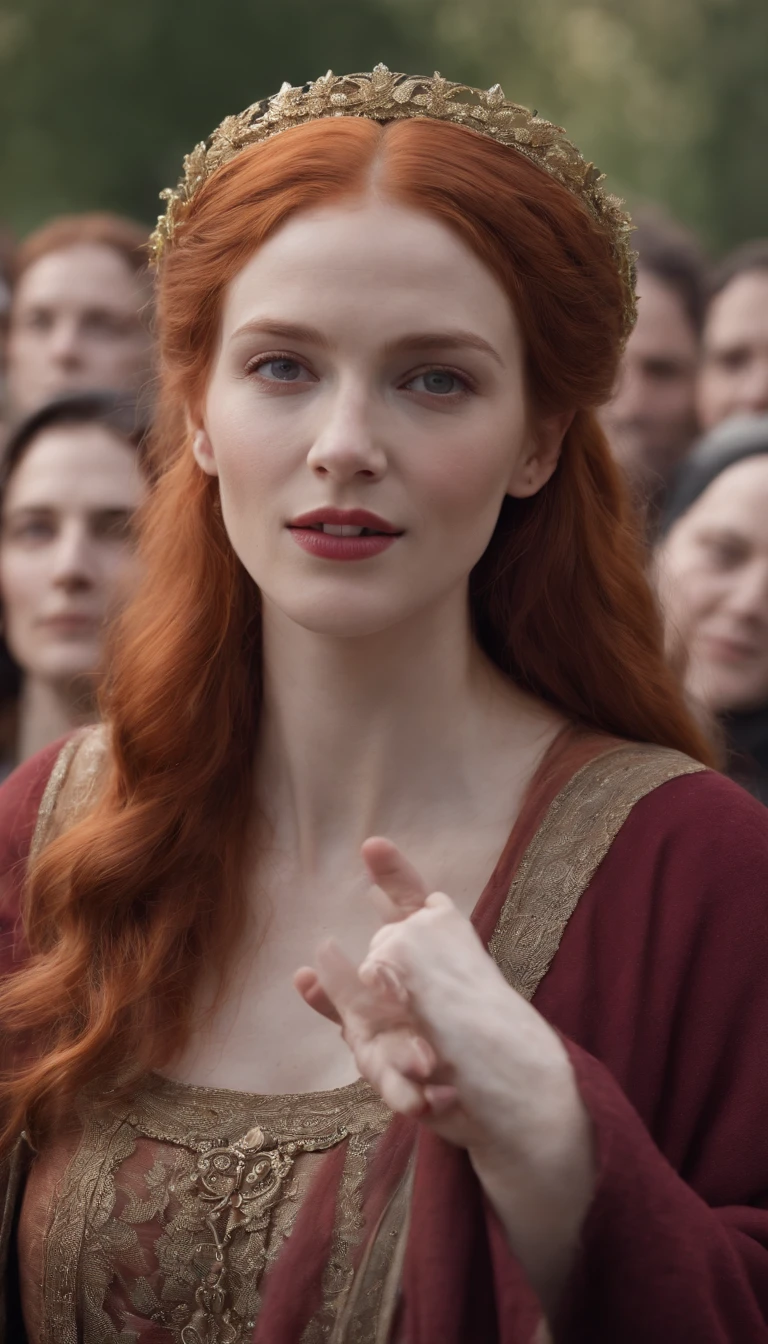 a red head hebrew woman in a biblical dress, perfect face, standing in front of a crowd of people, everyone smiling, and laughing,afterlife, after life, anti life, style of arcane tv series, after all, altered carbon style, aftermath, after effects, live action movie, alfredo and the afterlife, life after the plague, series on netflix, live action film