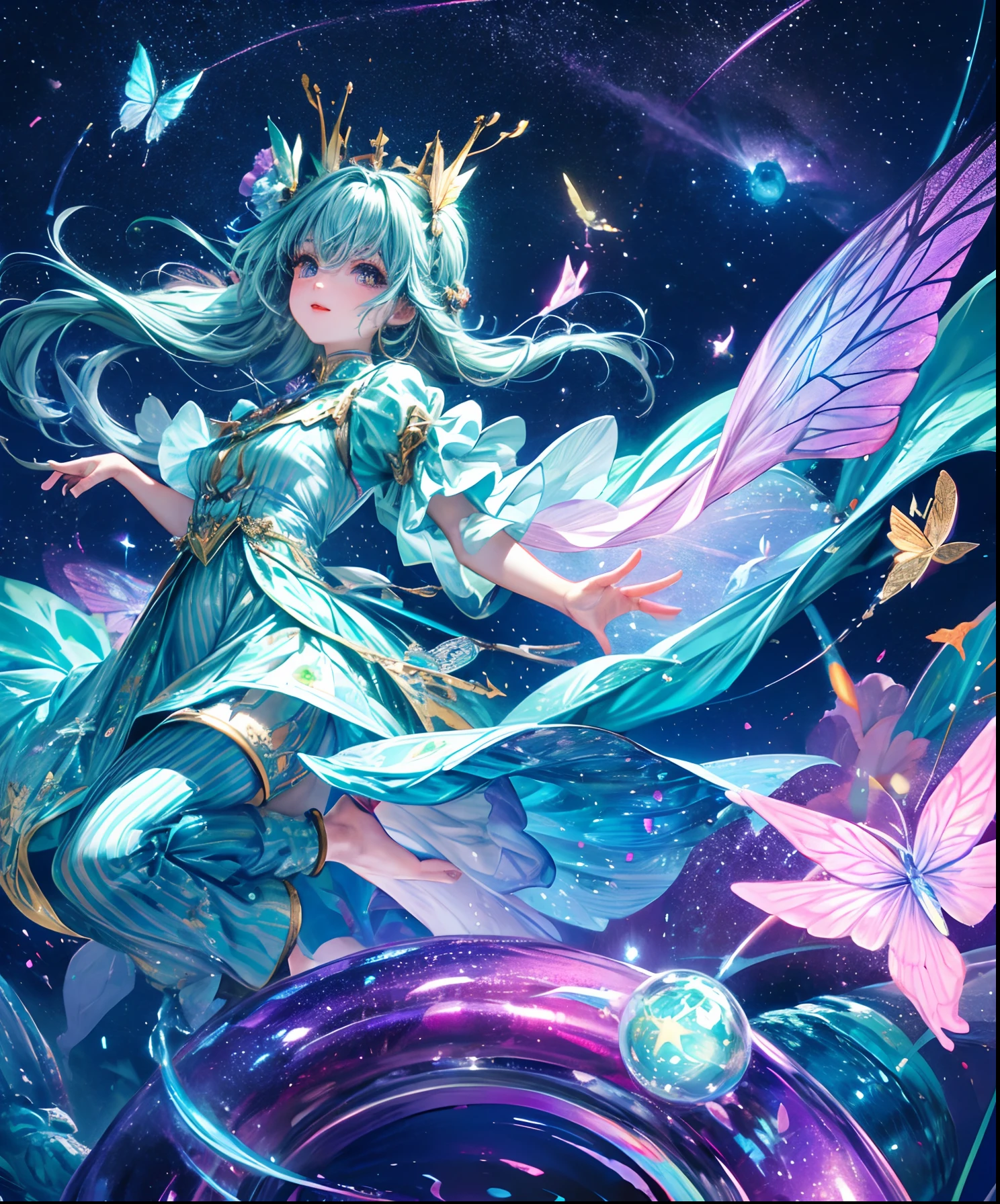 Cute iridescent round monster in space、Iridescent grass々Drawing a butterfly flying over the water, Looking up at the starry sky. Surround her with colorful nebulae and colorful forests.