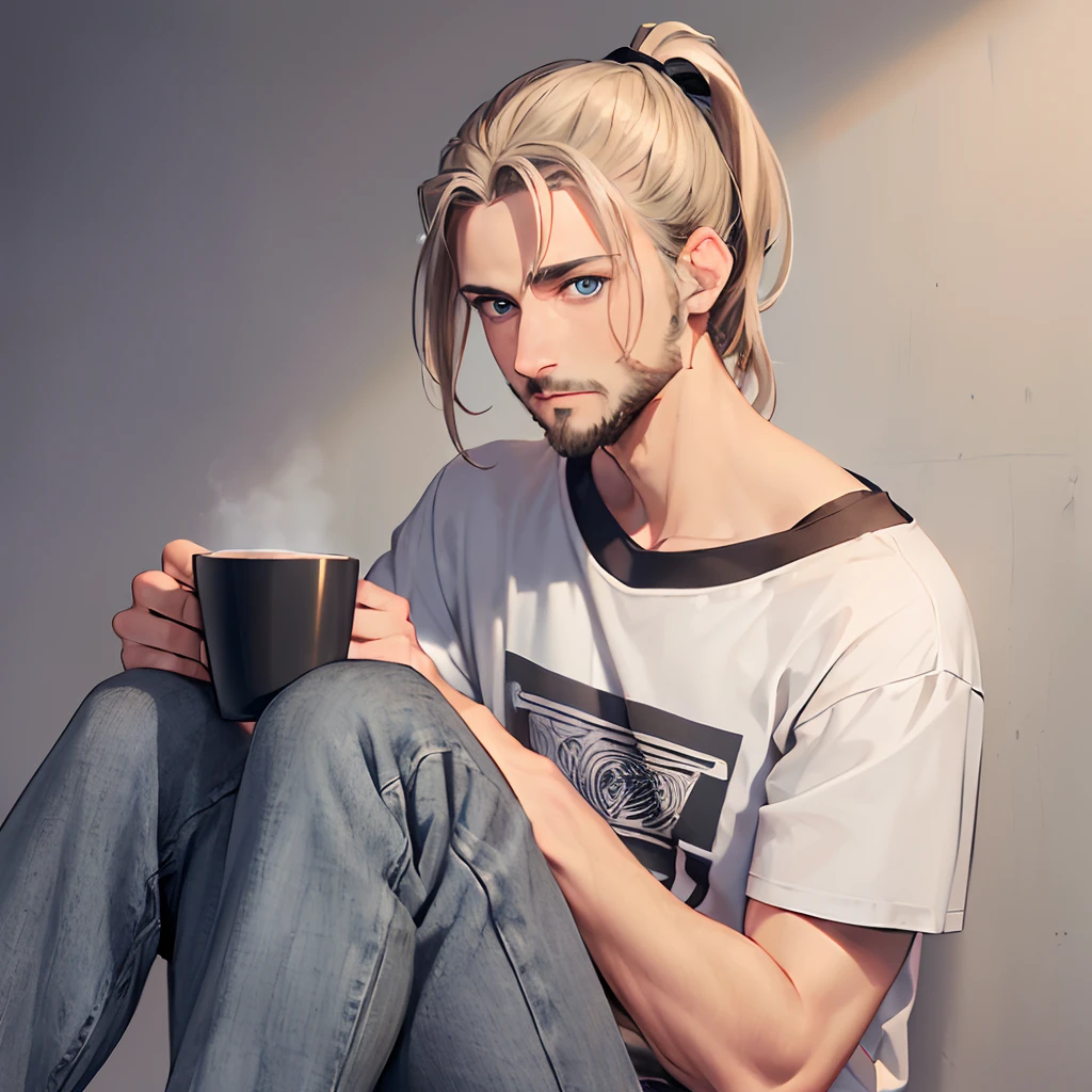 (((masterpiece))), ((solo)), (((30 year old male))), (very light skin), ((blue eyes)), ((medium length dark blonde hair)), (((short ponytail with thin black band))), (short beard), ((holding one mug)), ((loose grey t-shirt)), ((jeans))