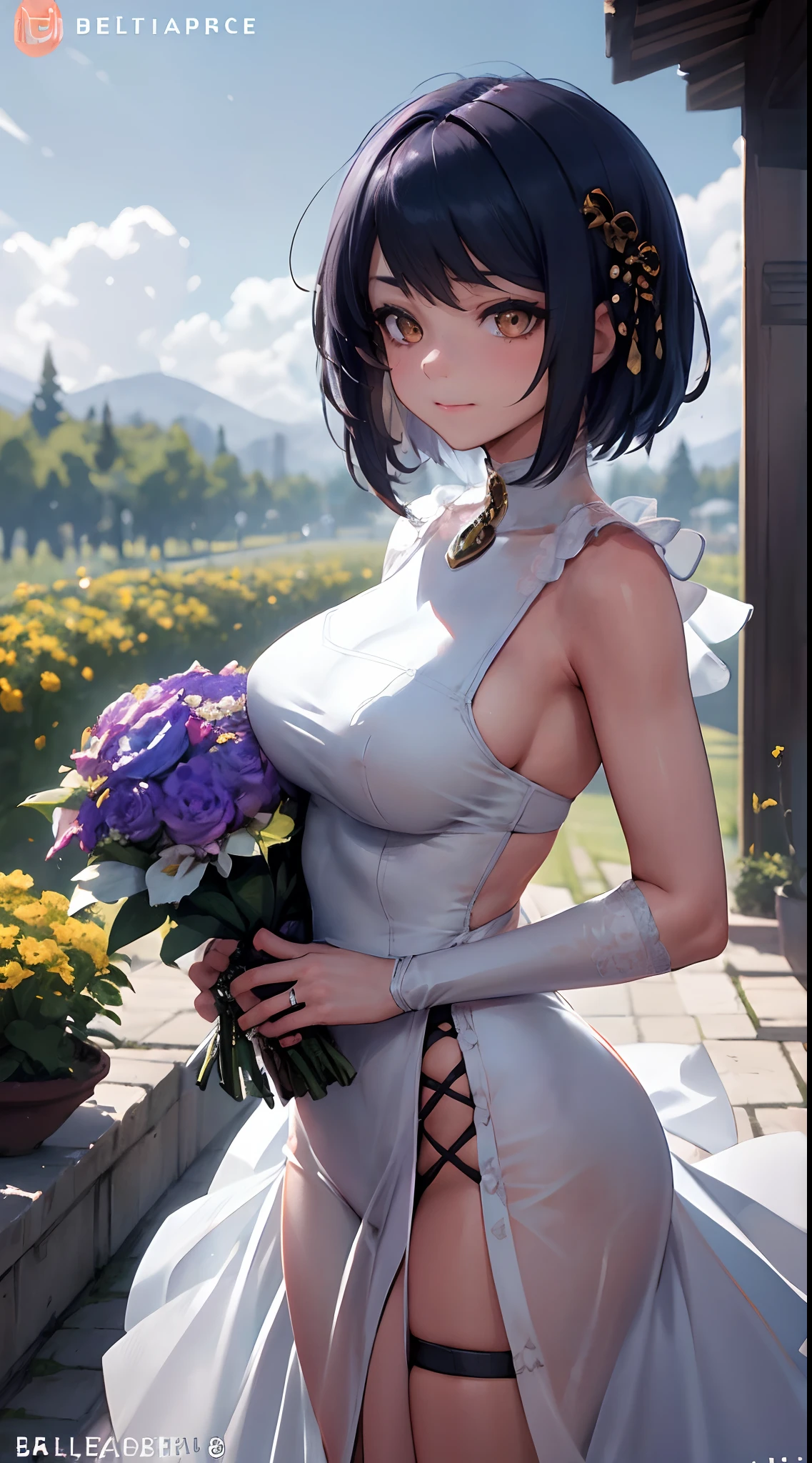 Kujou Sara | genshin impact, master-piece, bestquality, 1girls,25 years old, proportional body, proportional., Wedding Dresses, White Wedding Dress, Long skirt, wedding, ,bara, Standing in the middle of a flower garden, outdoor, wedding, The sky is beautiful, Both hands hold a bouquet of flowers............................................................................, View viewers from the front., Thigh strap, Head tilt, bored, 10, 10, HD, slight smile,