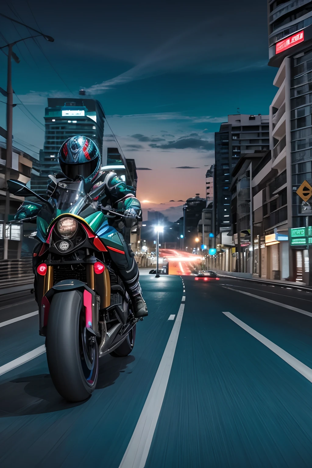 Moto em alta velocidade, cidade, noite, manter cores, realista, alta qualidade, 8k