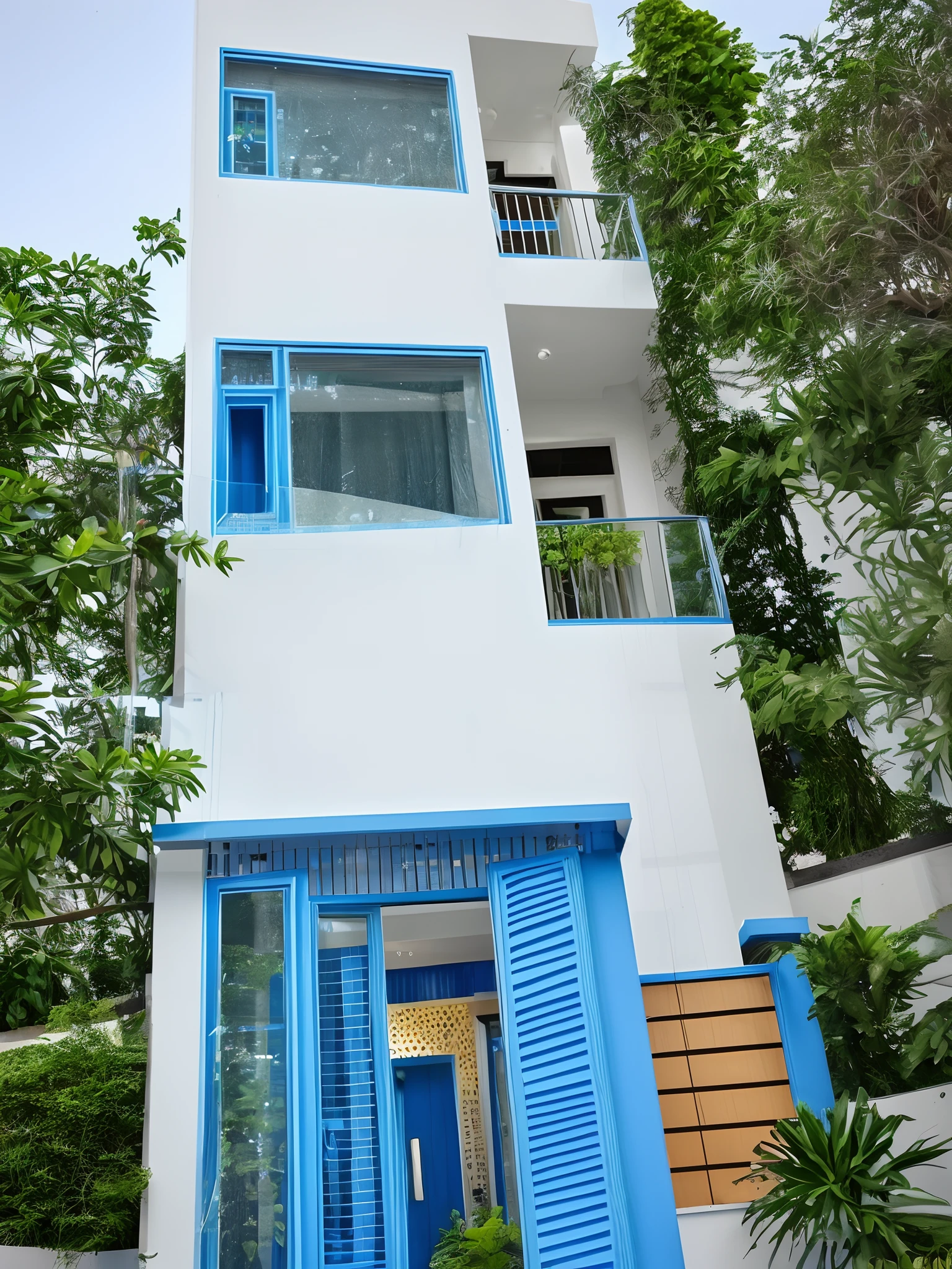 Blue aluminum box around simple glass window, classic , Do not change the main design of the house