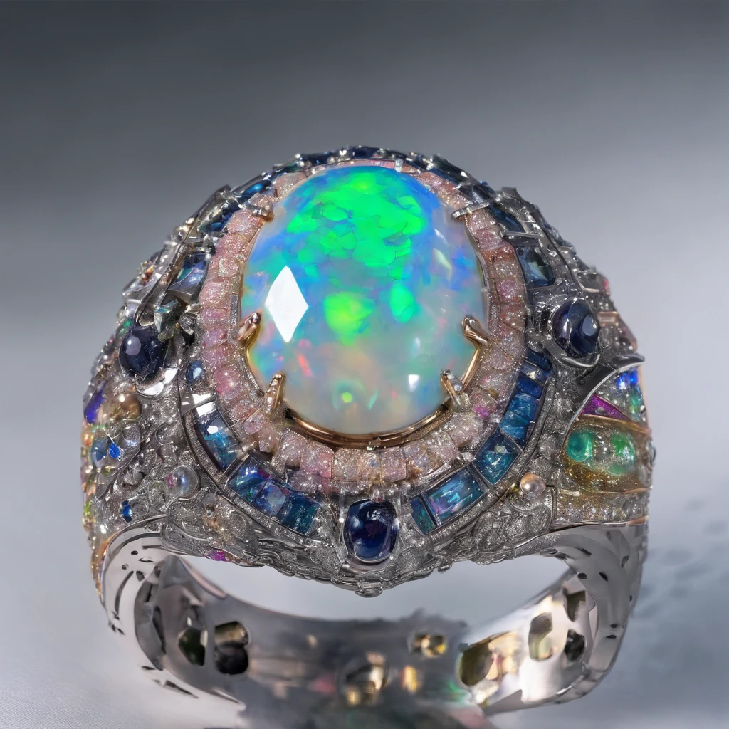 art-deco, Cubist futurism, hyper HD, Masterpiece, Award-Awarded, Super detail, Best quality，[Close-up of an oval ring of an opal]
The ring is made of conglomerate opal,Set with blue and green gemstones,Covered with platinum，pearls,jewely, vivid and detailed,  European style, dreamlike quality, small and exquisite, Precise lines, Noble, Amazing,