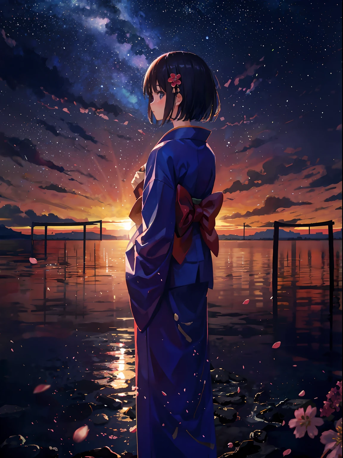 1girl, a distant girl kiss girl in a kimono gazing at the stars, (zoomed: 1.1), (meteor shower: 1.2), (comet: 1.1), your name, low angle, from behind, Northern Lights, meteors, yukata, red kimono, cherry blossoms, standing in the field, best quality, masterpiece, clouds, colorful, starry, stars,