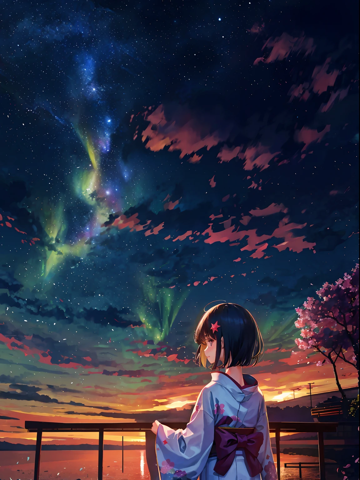 1girl, a distant girl kiss girl in a kimono gazing at the stars, (zoomed: 1.1), (meteor shower: 1.2), (comet: 1.1), your name, low angle, from behind, Northern Lights, meteors, yukata, red kimono, cherry blossoms, standing in the field, best quality, masterpiece, clouds, colorful, starry, stars,