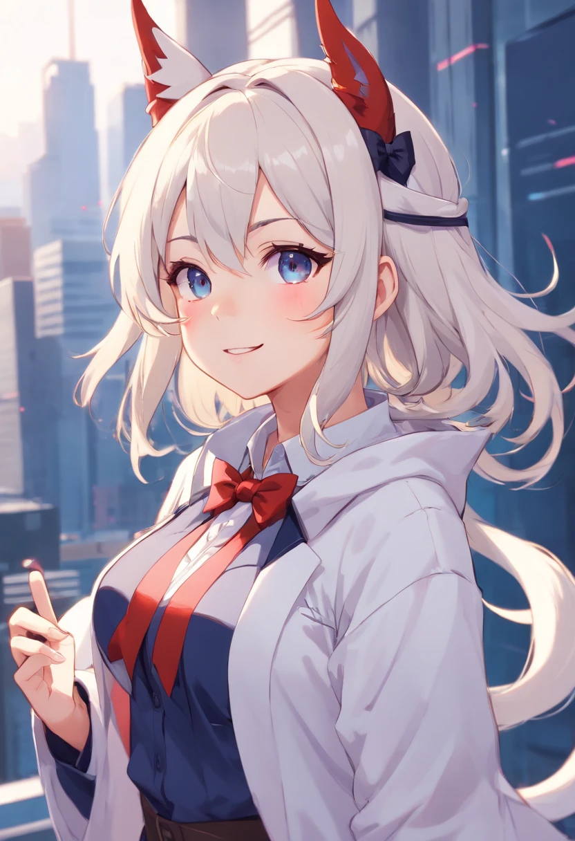 masterpiece, best quality, 1girl,highres, absurdres, full body,(ultra-detailed:1.1025), (illustration:1.1025), (infographic:1.1025), patent drawings, physical measurement, (all clothes configuration:1.1025), stationery, (solo:1.1025),standing, cohesive background, 5 fingers in hands, character sheet,((Masterpiece, Highest quality)), Detailed face, CharacterDesignSheet， full bodyesbian, Full of details, Multiple poses and expressions, Highly detailed, Depth, Many parts，God-Eater Girl，estilo fantasia，lacepantyhose，Extremely beautiful，High Balance, Natural light, hair bobbles, long eyelasher, solid circle eyes, Light smile, Fang, Silver hair, Heart-shaped pupils, hair pin, mismatched sclera, Evil smile, Anime style, 8K, Super detail, ccurate, Best quality, hyper HD, 4K,Anime girl with cat ears and bow tie in white costume, anime girl, white horns queen demon, mika kurai demon, detailed anime character art, portrait of demon girl, dnd portrait of a tiefling, Anime monster girl, Wearing a white coat, extremely cute anime girl face、nightcore、From the front line of girls、Portrait of a cute anime girl、Anime girl with