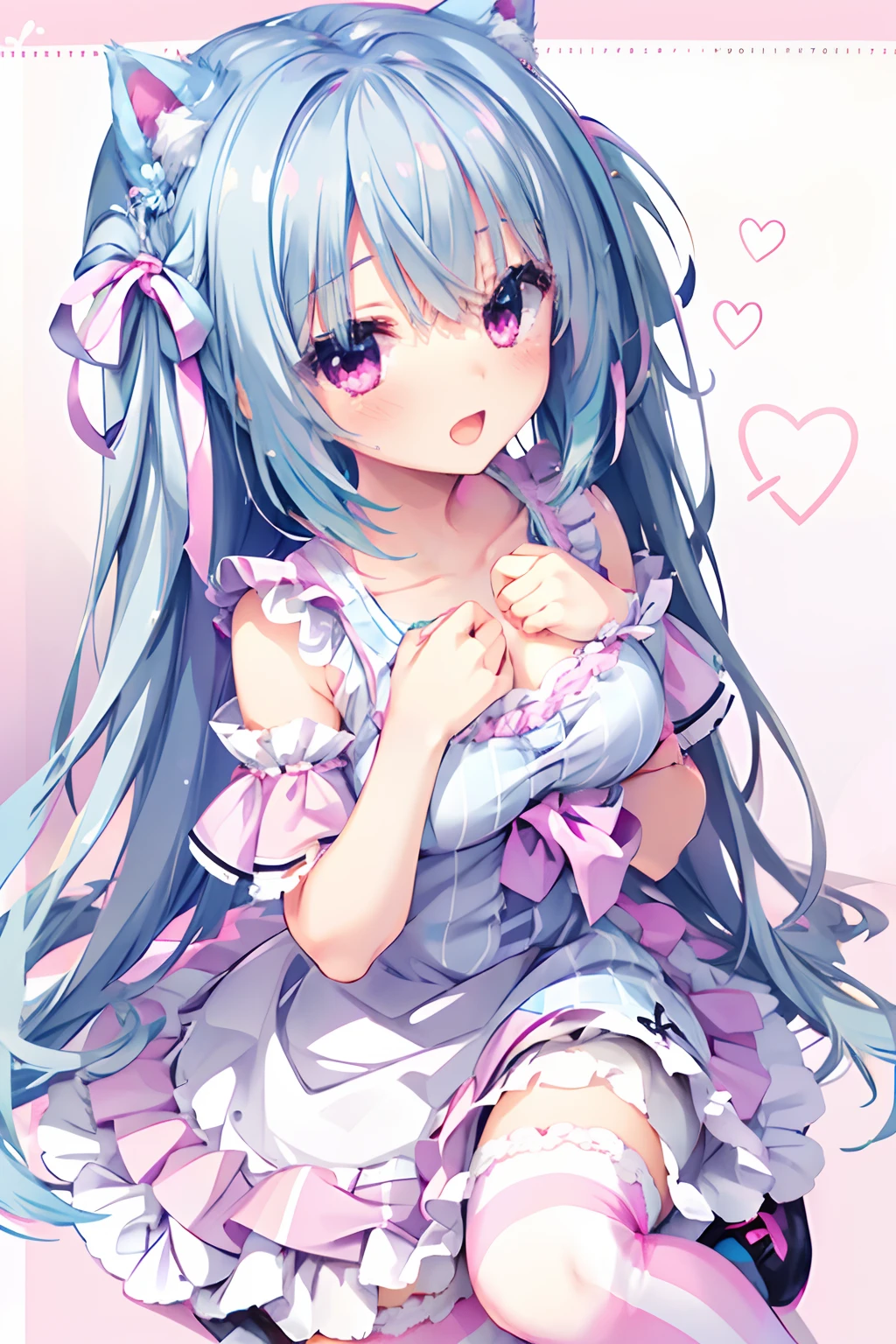 Two Girls,Blue hair,A pink-haired,Striped socks，pantiy,blushed face,Chest to chest,Cat ears，Pink eyes，Smile with open mouth,Light blue ta,Top image quality,Best Quality