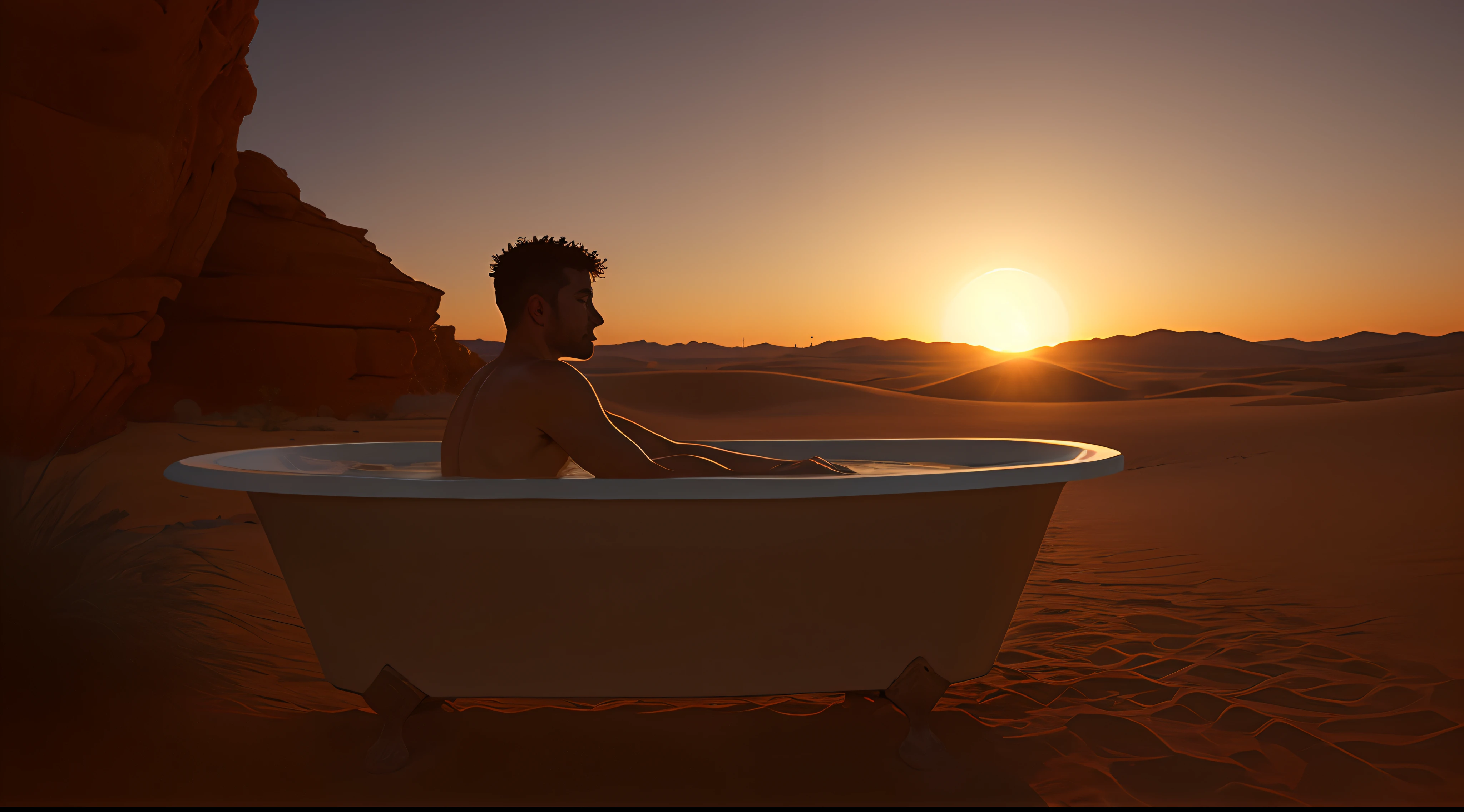 Man in a bathtub outside in a desert scene at sundown in atmospheric cinematic lighting