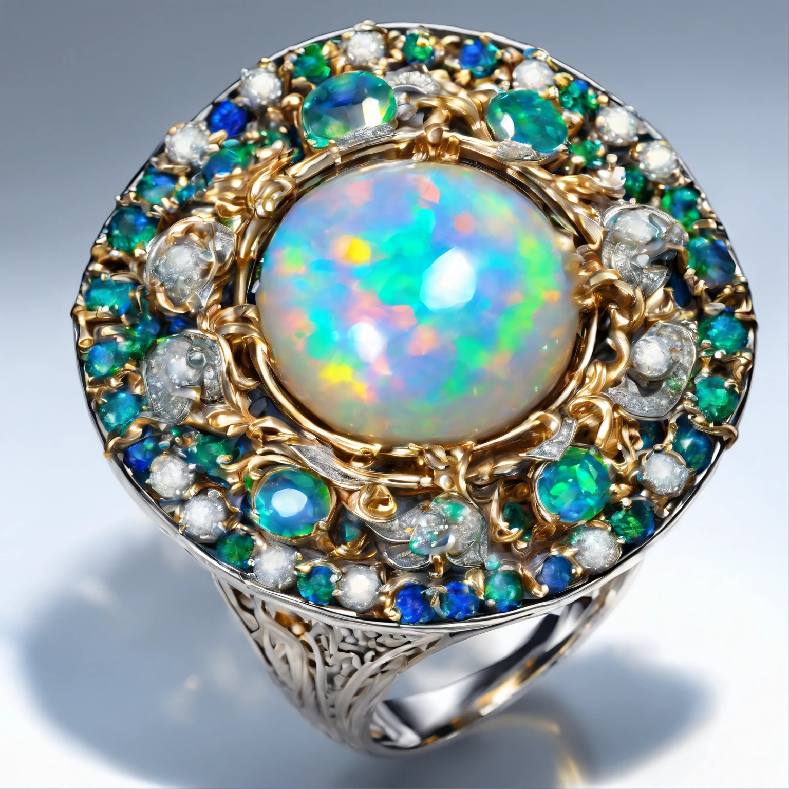 art-deco, Cubist futurism, hyper HD, Masterpiece, Award-Awarded, Super detail, Best quality，[Close-up of an oval ring of an opal]
The ring is made of conglomerate opal,Set with blue and green gemstones,Covered with platinum，pearls,jewely, vivid and detailed,  European style, dreamlike quality, small and exquisite, Precise lines, Noble, Amazing,