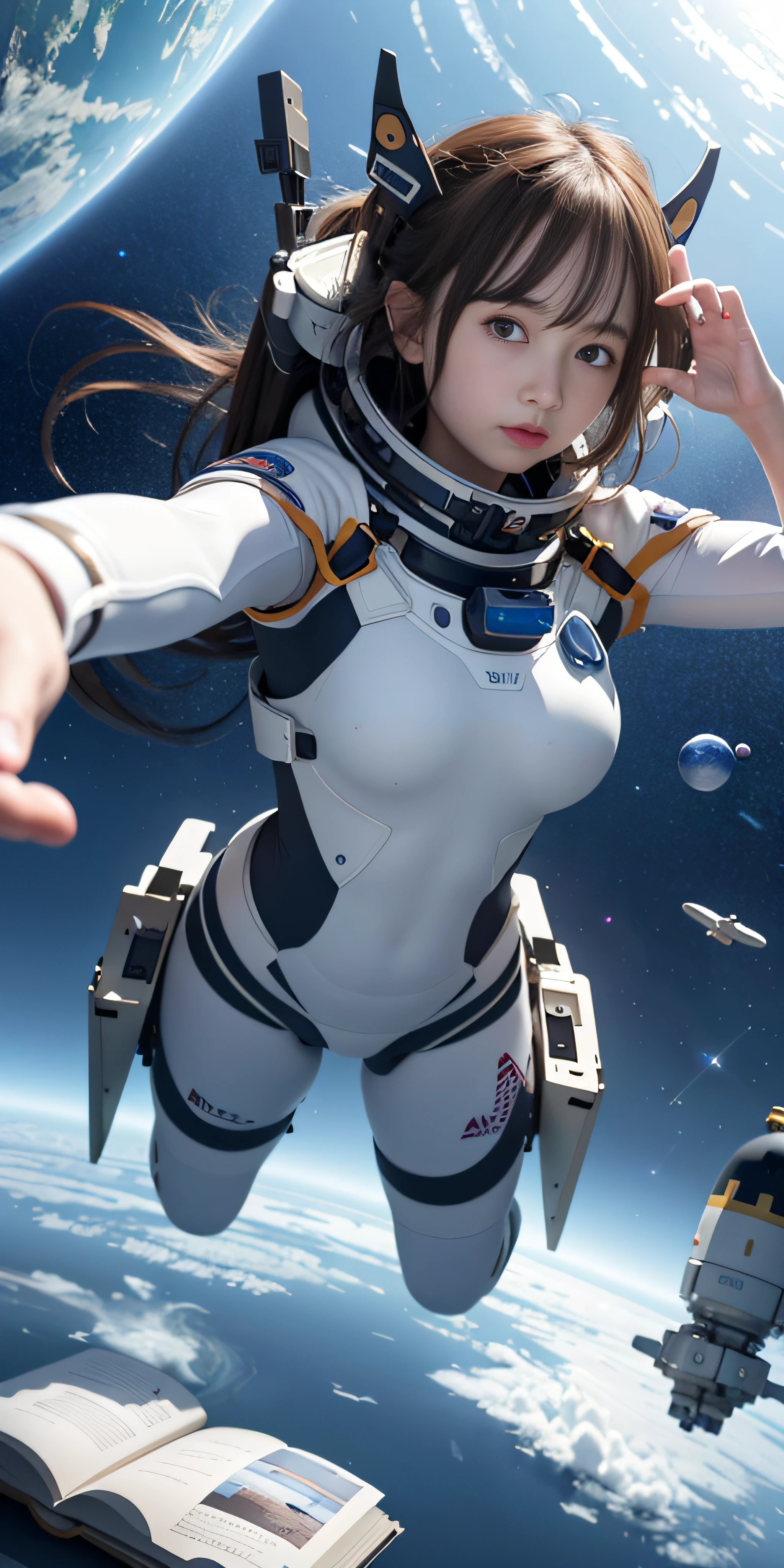 ((RAW image quality:1.4))、8K分辨率、Ultra-detailed CG footage、Absurd resolution, hight resolution, (​masterpiece:1.4), The ultra-detailliert, 1girl in, floated hair、floating、View the book, in a spacesuit, Seen from above, kosmos, Planktonic, satellite, Operations in outer space, wide-angle lens distortion