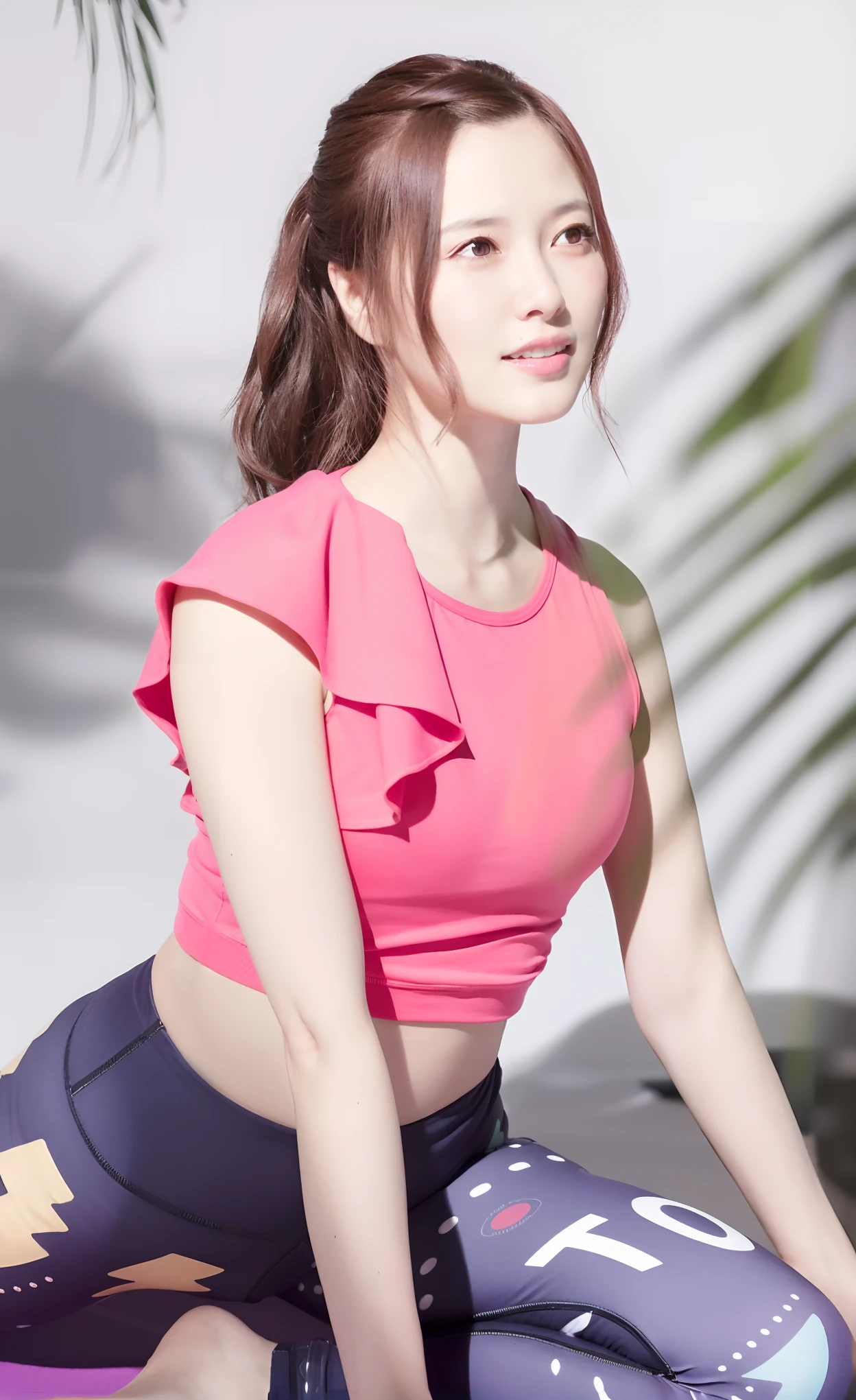 Arab asian woman in pink top and leggings sitting on yoga mat, sport bra and shirt, korean female fashion model, Pink body, photo of slim girl model, beautiful Korean women, sha xi, bae suzy, Open V chest clothes, jia, jiyun chae, Gorgeous young Korean woman, cottagecore!! fitness body