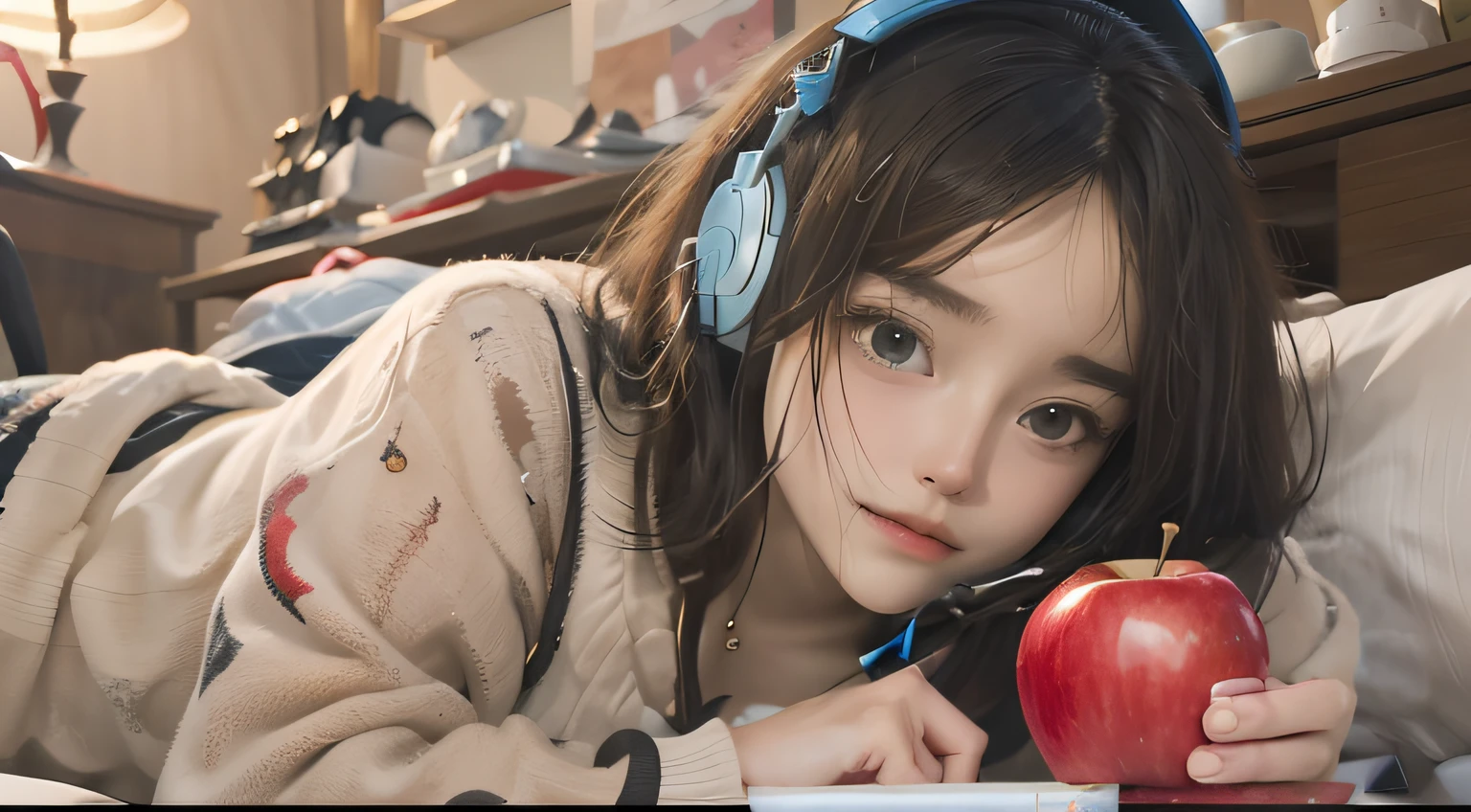 Listen to the headphones with an apple in hand