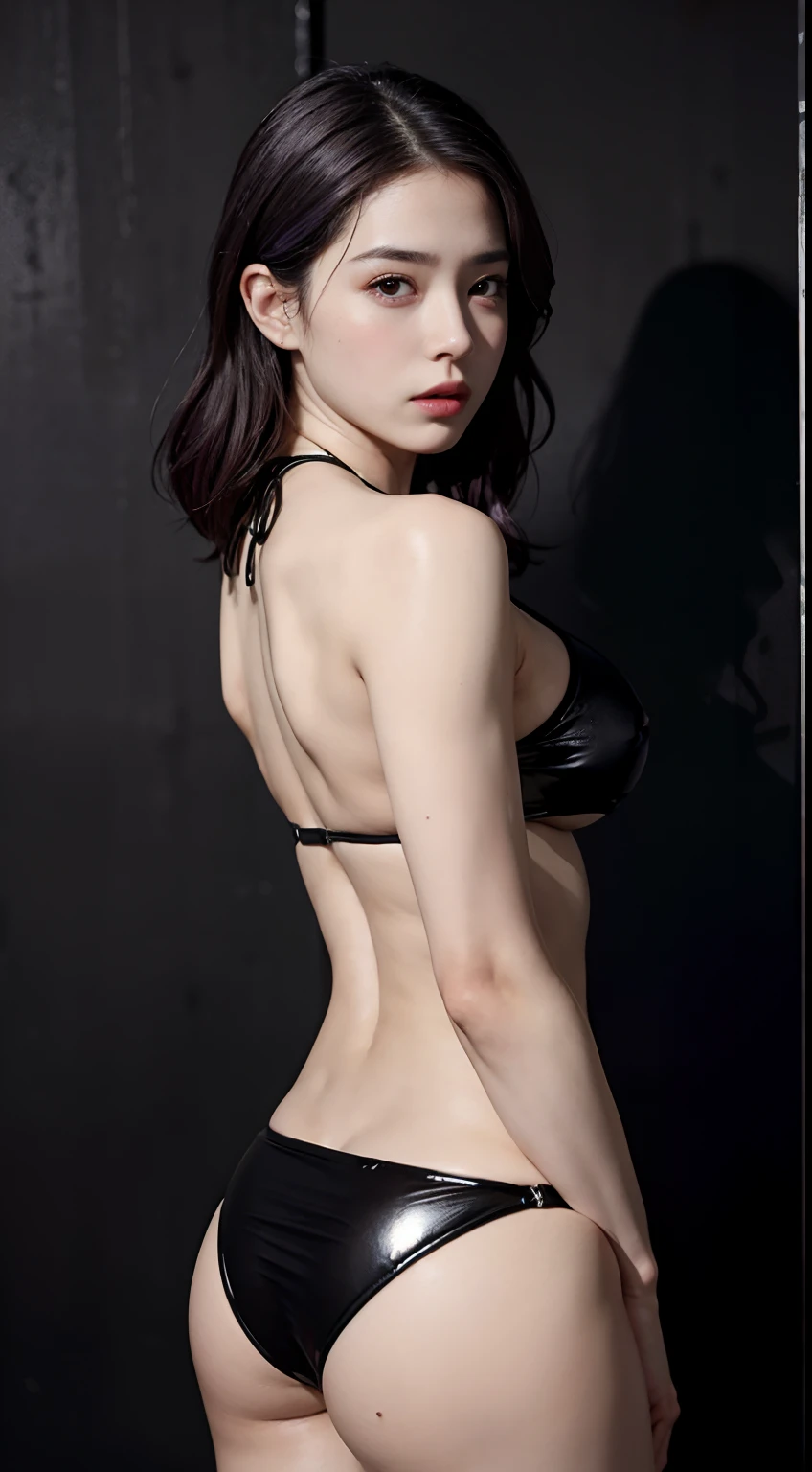 top-quality、masterpiece、ighly detailed、hight resolution、4K、超A high resolution、detailed shadow、A hyper-realistic、realisitic、dramatic lighting、1girl in、独奏、A detailed face、realisticeyes、real looking skin、、purple color hair、dynamicposes、((full body seen、Being in the gym、OL、Very big breast bulge in sexy bikini,,、Shiny leather bikini、Black walls、Focus、Power Rack、posterior view))
