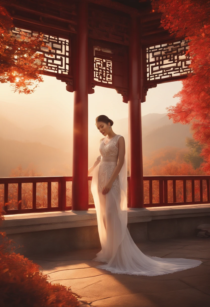 photorealistic, best quality, masterpiece, ultra high res, finely detailed, quality, realistic nature lighting, intricate details, raw photo, absurdres, highres, ultra detailed, (character focus:1.3), (full body shot:1.4), 26yo 1girl, (kglamour_magv2:1.3), looking at viewer, portrait, curvy, long hair, hair ornament, sexy, long legs, narrow waist, round hips, thick thigh, medium breasts, blush, Pink lips, Glowing Eyes, (perfect face, detailed pupils, Makeup, detailed pale skin, subsurface scattering, enchanting detailed face), reflection, guofeng, detailed background, romanticism, atmospheric, foggy, aura, eerie atmosphere, fantasy, Serenity, beautiful and aesthetic, delicate, Peaceful, Hopeful, ethereal atmosphere, ooden bridge, white lantern, Meadow, Clouds, (detailed chinese traditional architecture, ancient art, Walking trail, misty lake, flying splashes, flying petals, bloom effect, water reflection:1.3), (outdoors, landscape, breeze, ethereal, scenery, nature, wind lift, clear sky, autumn, red leaves forest:1.2), (depth of field:1.4), (flowing sleeves, dancing, dynamic pose:1.3), (zentangle, mandala, tangle, entangle), (ecstasy of flower:1.3), the most beautiful form of chaos, elegant, warm tone, soft light, floating particles, watercolor style, dynamic brushwork, soft blending, dreamy washes, delicate textures, reflective surfaces, (brilliant colors, expressive motion, energetic compositions, vibrant glow, vivid colours, dynamic colors:1.3), (rim light, two tone lighting, dimly lit), (explosive light and shadow:1.3), (light particles, chromatic aberration:1.2), (beautiful view, solitary:1.4), (Cosy, Glowing ambiance, enchanting radiance, luminous lighting, mesmerizing glow, evocative hues, captivating coloration, enchanting aura, melanchonic soft light:1.4), (colorful refraction, Iridescence:1.2), loop lighting, equirectangular 360, Gel lighting, film grain, moody lighting, extremely detailed CG Unity 8k wallpaper, dramatic lighting, specular lighting, Circul