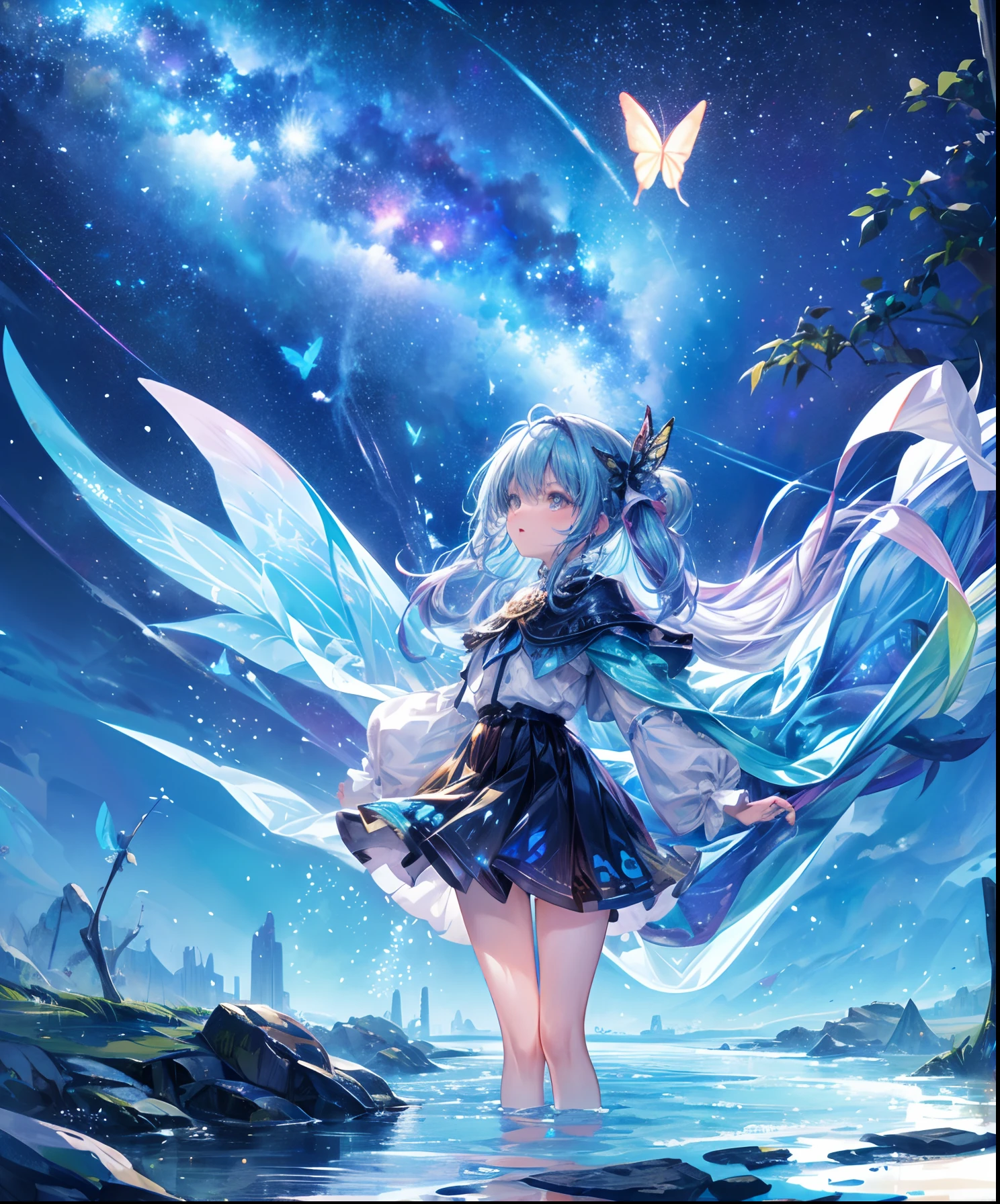 Cute iridescent round monster in space、Iridescent grass々Drawing a butterfly flying over the water, Looking up at the starry sky. Surround her with colorful nebulae and colorful forests.