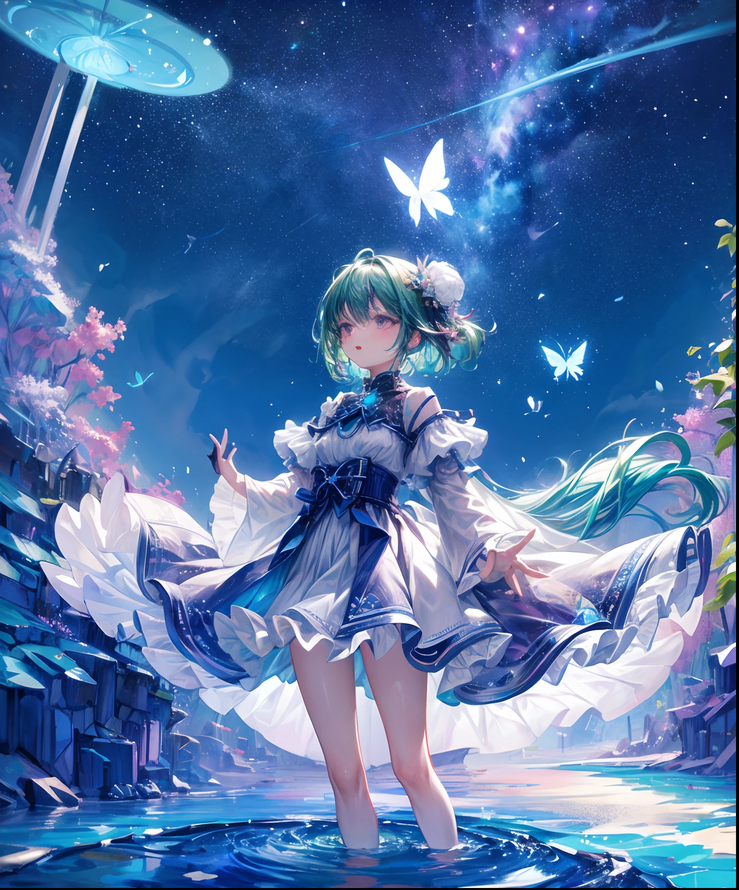 Cute iridescent round monster in space、Iridescent grass々Drawing a butterfly flying over the water, Looking up at the starry sky. Surround her with colorful nebulae and colorful forests.