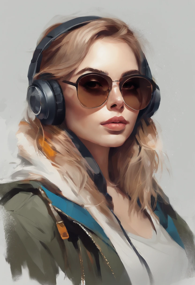 Perfect centering, A cute kitten all over, Wear a student jacket, Wearing sunglasses, Wearing headphones, Standing position, Abstract beauty, Centered, Looking at the camera, Facing the camera, nearing perfection, Dynamic, Moonlight, Highly detailed, Digital painting, art stations, concept-art, smooth, Sharp focus, 8K, high definition resolution, illustration, Art by Carne Griffiths and Wadim Kashin, White background