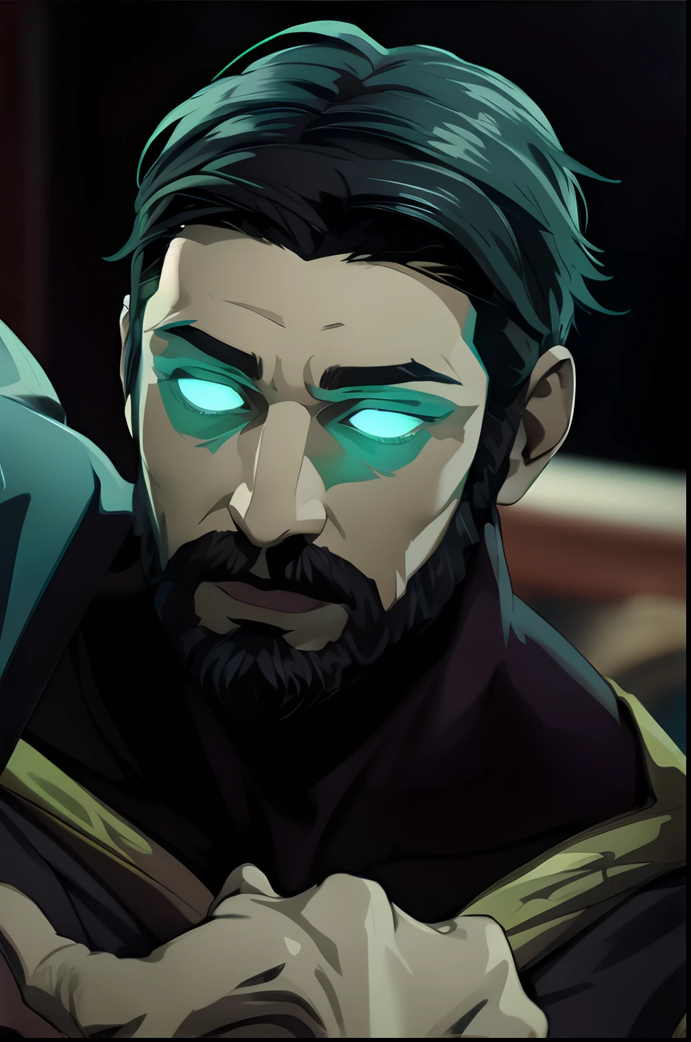 Close-up of a man with a beard and green eyes, Amazing portrait of Viego, Corvo Attano, sage ( valorant ), Portrait of Professor Sinister, character art closeup, Valorant character, Portrait of Adam Jensen, Epic character portrait, commission for high res, graves, Close-up portrait of a character, character close up, omen from valorant