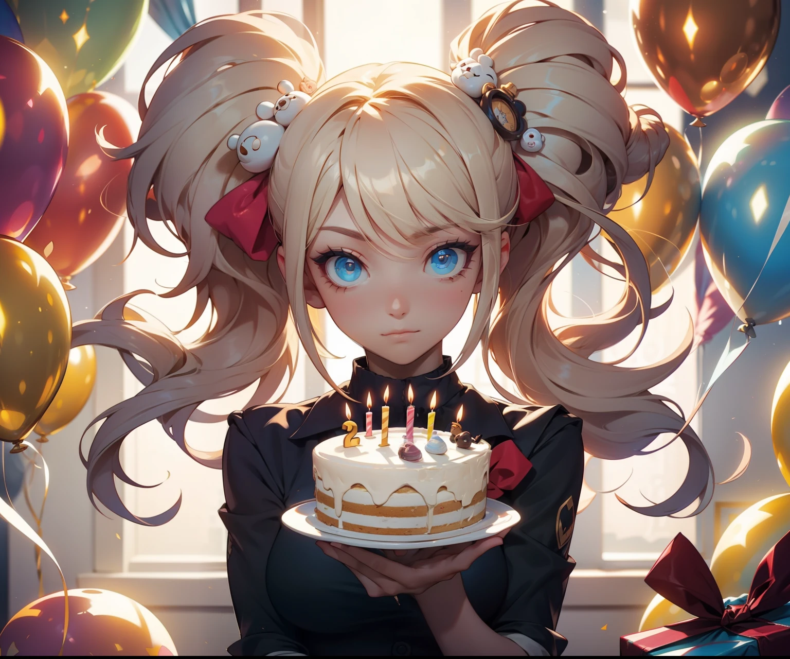 4 people in the birthday room with gifts and a cake, con rostros bien detallados y hermosos,  con un rostros muy detallado y hermoso, ojos bien detallados y hermosos, multicolor de cabello