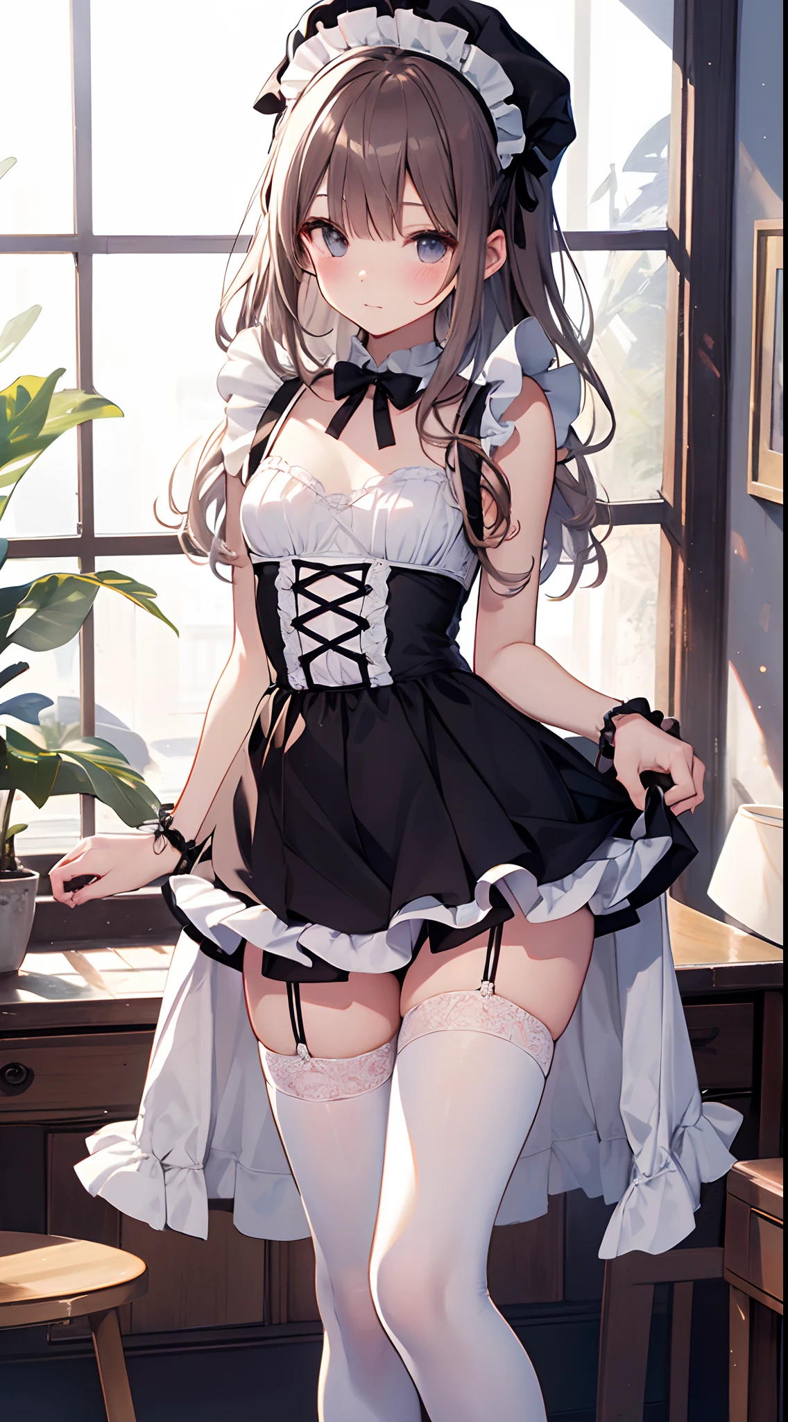 high-level image quality、top-quality、Detailed drawing、Does not blush cheeks、Slender adult beauty、maid clothes、White swimwear、Small eyes、knee high、Stockings、Medium chest、straight haired