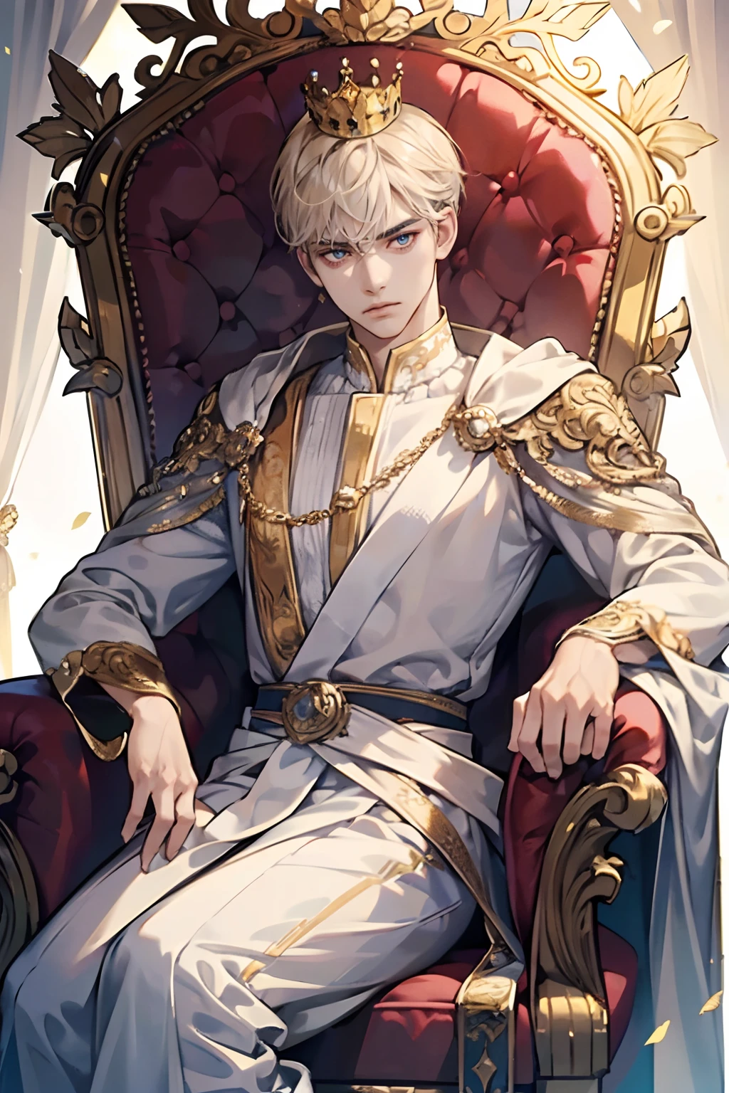 1boy, young male, Perfect male body,Eyes look to camera, (king,Wear a crown,Look serious, frown, sit on throne, ornate jewels, ),Palace,Ray tracing,Portrait, (tmasterpiece, high resolution, ultra - detailed:1.0)