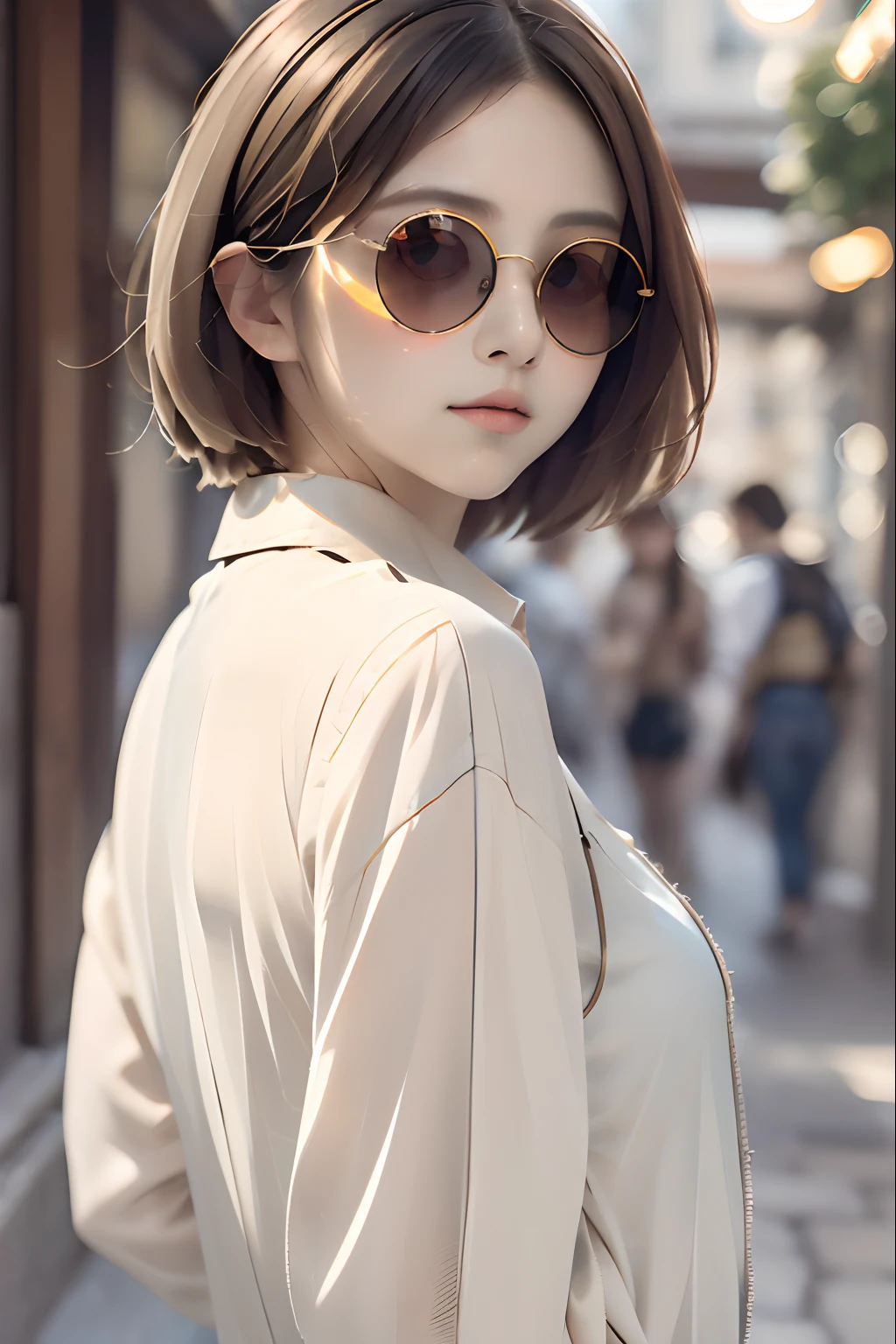 (((light-colored sunglasses:1.2、Round Small Lens Sunglasses)))、Beautiful eyes、Uniform beautiful face、small nose、Short Bob、printed shirt、Old Denim、plein air、Italian Bars、open terrace、((blurry backround))