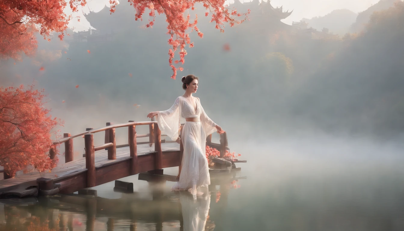 photorealistic, best quality, masterpiece, ultra high res, finely detailed, quality, realistic nature lighting, intricate details, raw photo, absurdres, highres, ultra detailed, (character focus:1.3), (full body shot:1.4), 26yo 1girl, (kglamour_magv2:1.3), looking at viewer, portrait, curvy, long hair, hair ornament, sexy, long legs, narrow waist, round hips, thick thigh, medium breasts, blush, Pink lips, Glowing Eyes, (perfect face, detailed pupils, Makeup, detailed pale skin, subsurface scattering, enchanting detailed face), reflection, guofeng, detailed background, romanticism, atmospheric, foggy, aura, eerie atmosphere, fantasy, Serenity, beautiful and aesthetic, delicate, Peaceful, Hopeful, ethereal atmosphere, ooden bridge, white lantern, Meadow, Clouds, (detailed chinese traditional architecture, ancient art, Walking trail, misty lake, flying splashes, flying petals, bloom effect, water reflection:1.3), (outdoors, landscape, breeze, ethereal, scenery, nature, wind lift, clear sky, autumn, red leaves forest:1.2), (depth of field:1.4), (flowing sleeves, dancing, dynamic pose:1.3), (zentangle, mandala, tangle, entangle), (??????? of flower:1.3), the most beautiful form of chaos, elegant, warm tone, soft light, floating particles, watercolor style, dynamic brushwork, soft blending, dreamy washes, delicate textures, reflective surfaces, (brilliant colors, expressive motion, energetic compositions, vibrant glow, vivid colours, dynamic colors:1.3), (rim light, two tone lighting, dimly lit), (explosive light and shadow:1.3), (light particles, chromatic aberration:1.2), (beautiful view, solitary:1.4), (Cosy, Glowing ambiance, enchanting radiance, luminous lighting, mesmerizing glow, evocative hues, captivating coloration, enchanting aura, melanchonic soft light:1.4), (colorful refraction, Iridescence:1.2), loop lighting, equirectangular 360, Gel lighting, film grain, moody lighting, extremely detailed CG Unity 8k wallpaper, dramatic lighting, specular lighting, Circul