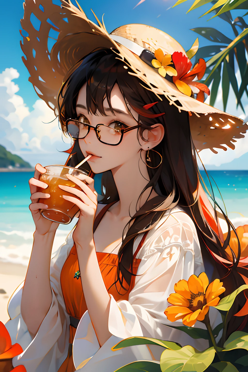 absurdres, highres, ultra detailed, 1girl, solo, extremely detailed eyes, starfish, seashell, shell, flower, hat, hair ornament, jewelry, straw hat, looking at viewer, sunglasses, hat flower, drinking straw, hairclip, earrings, red flower, tinted eyewear, yellow flower, bangs, english text, multicolored hair, orange flower, black hair, ring, cup, long hair, orange-tinted eyewear, food, brown hair, portrait, shell hair ornament